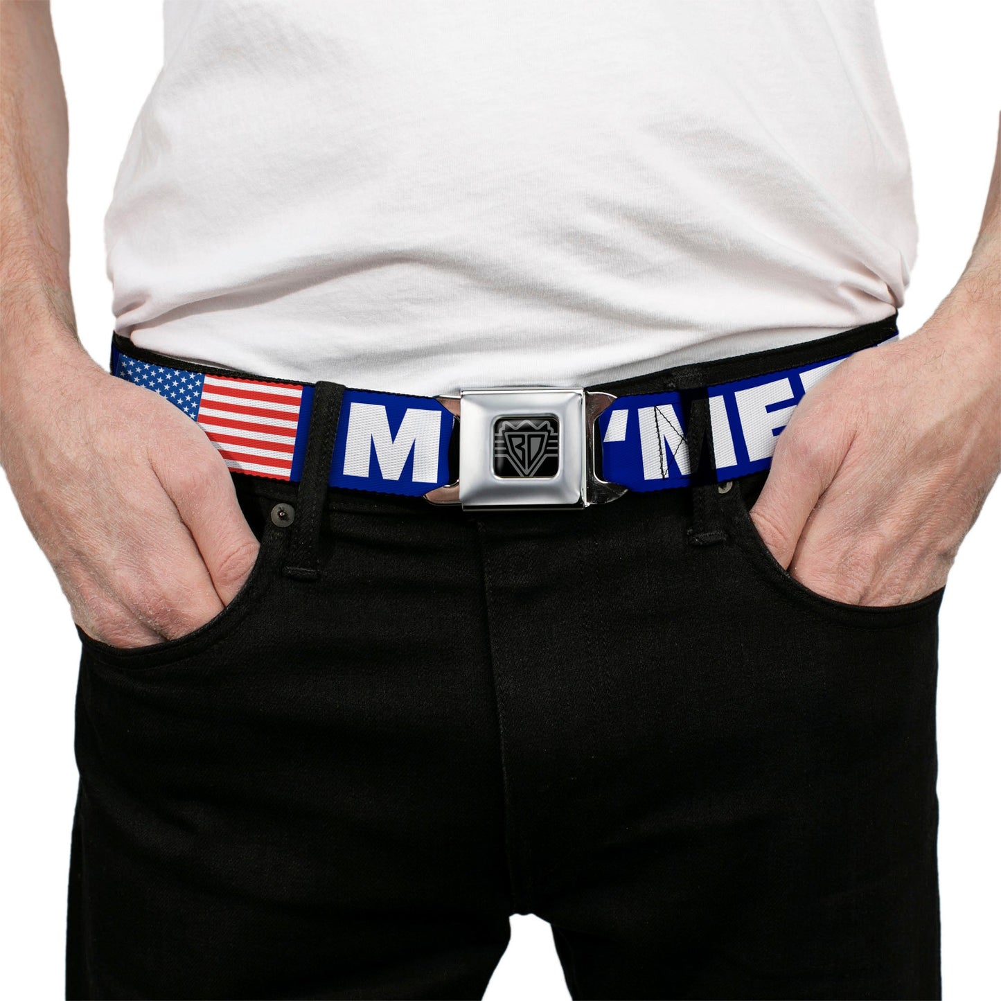 BD Wings Logo CLOSE-UP Full Color Black Silver Seatbelt Belt - 'MERICA/US Flag Blue/White/Red Webbing