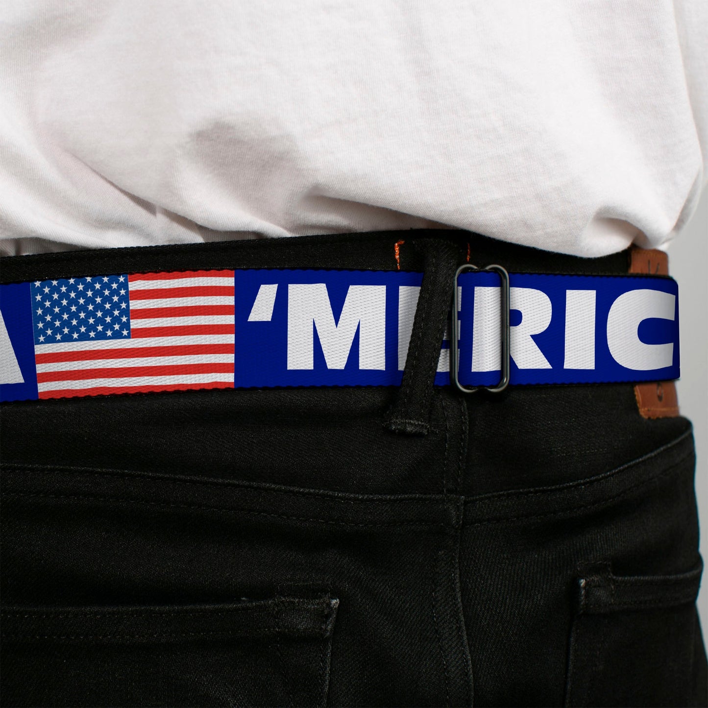 BD Wings Logo CLOSE-UP Full Color Black Silver Seatbelt Belt - 'MERICA/US Flag Blue/White/Red Webbing