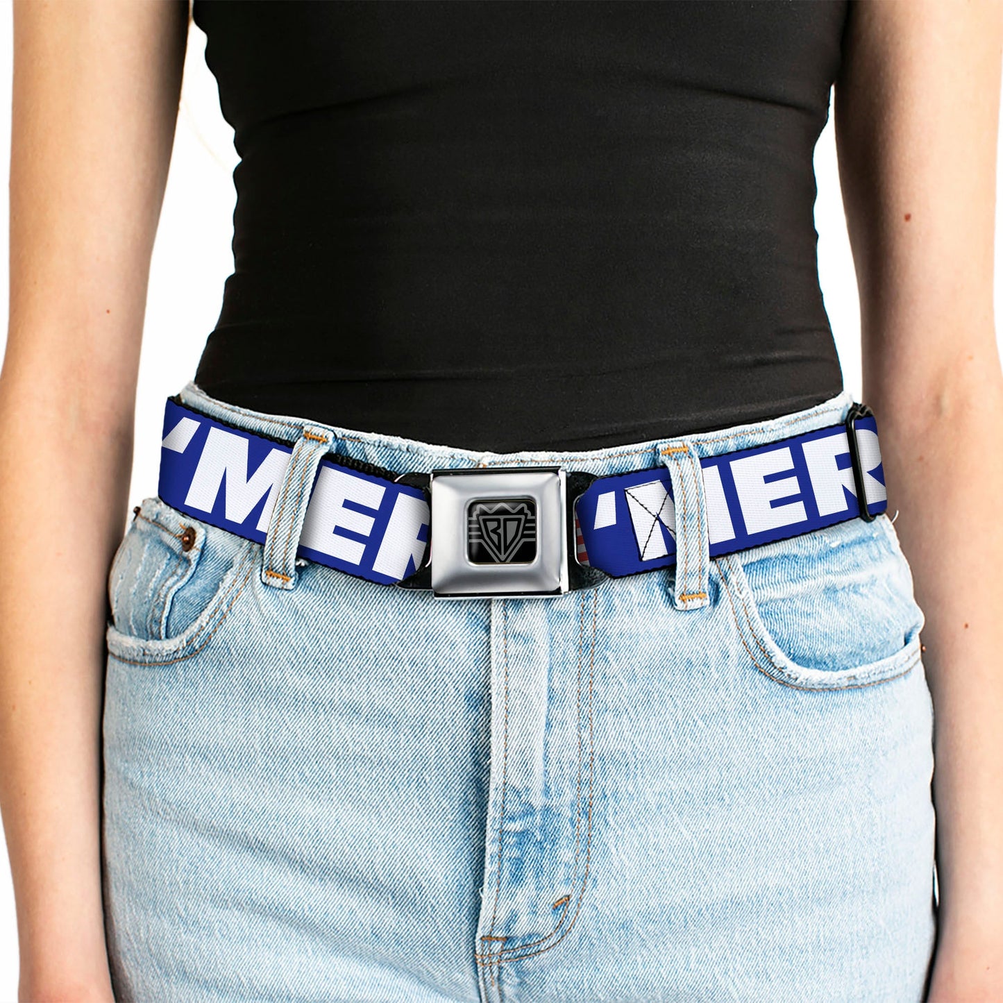 BD Wings Logo CLOSE-UP Full Color Black Silver Seatbelt Belt - 'MERICA/US Flag Blue/White/Red Webbing