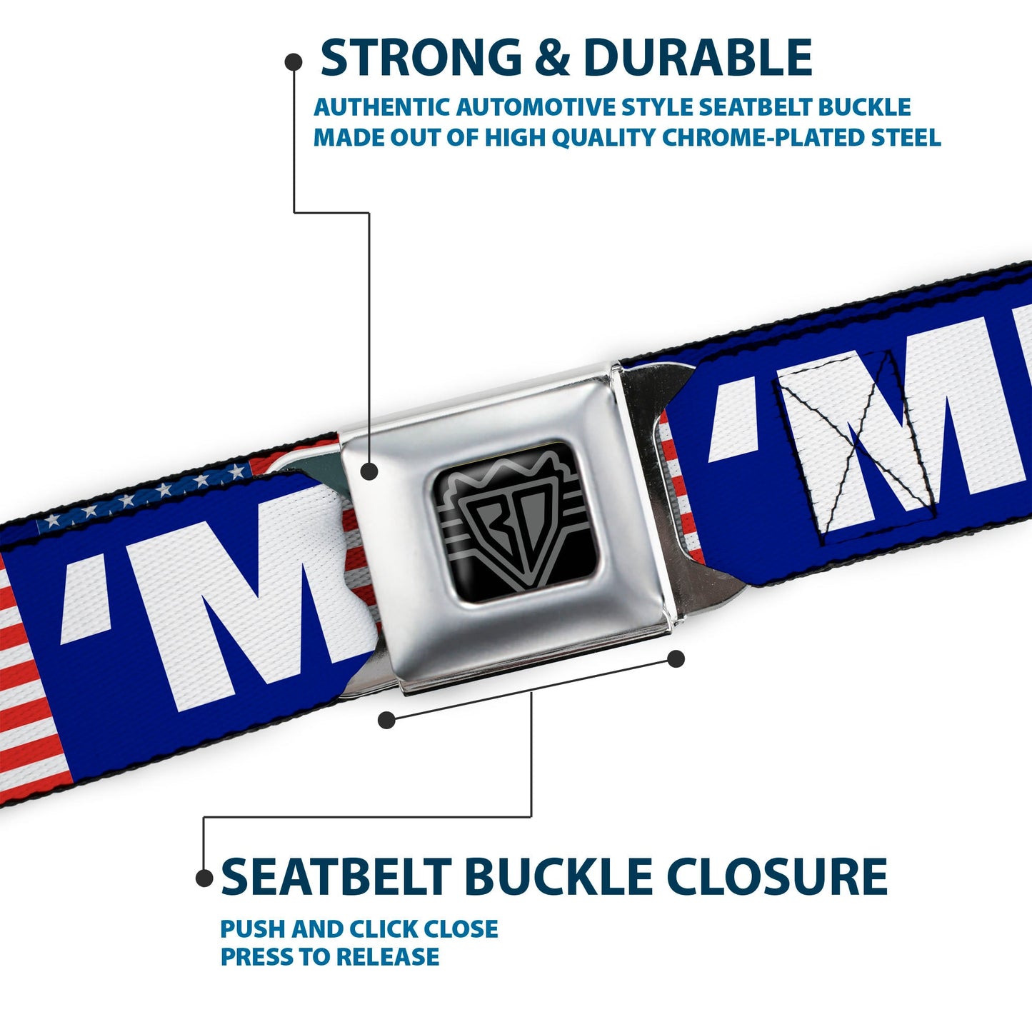 BD Wings Logo CLOSE-UP Full Color Black Silver Seatbelt Belt - 'MERICA/US Flag Blue/White/Red Webbing