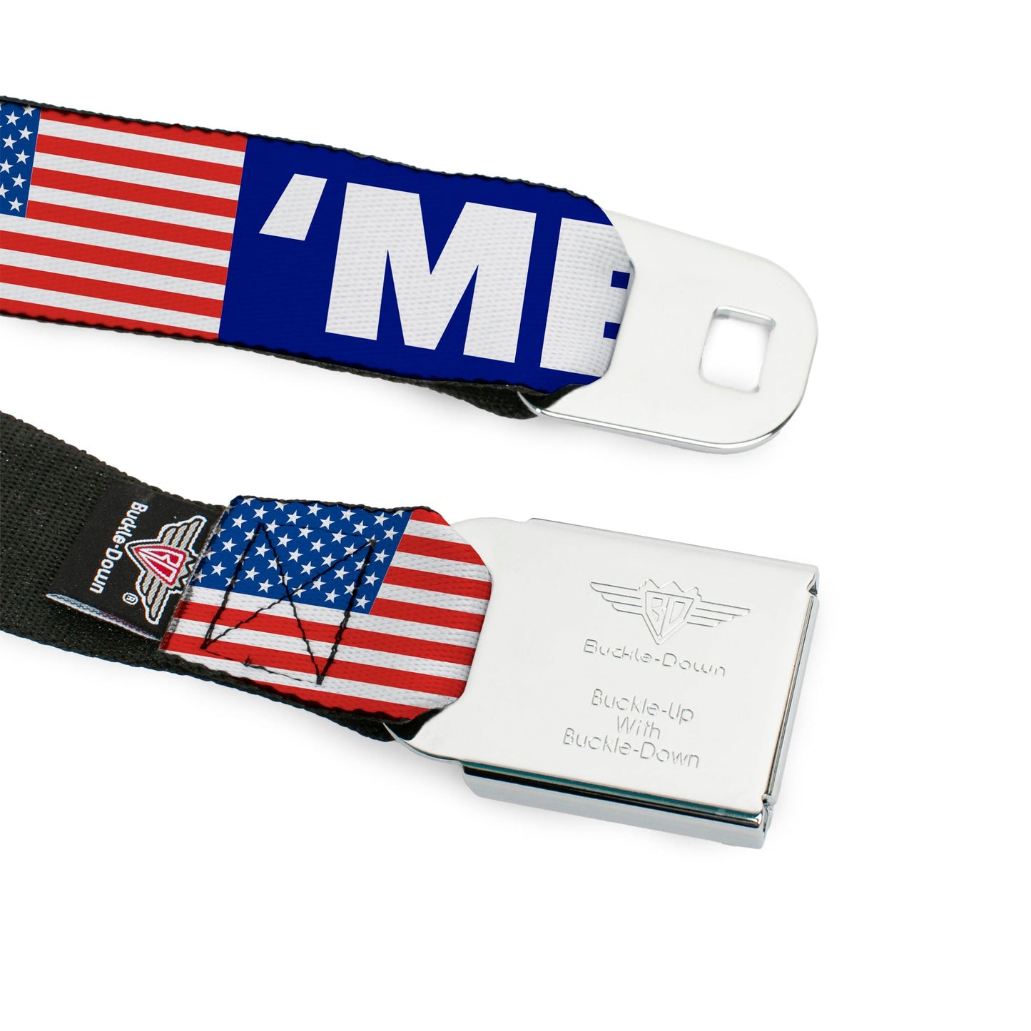 BD Wings Logo CLOSE-UP Full Color Black Silver Seatbelt Belt - 'MERICA/US Flag Blue/White/Red Webbing