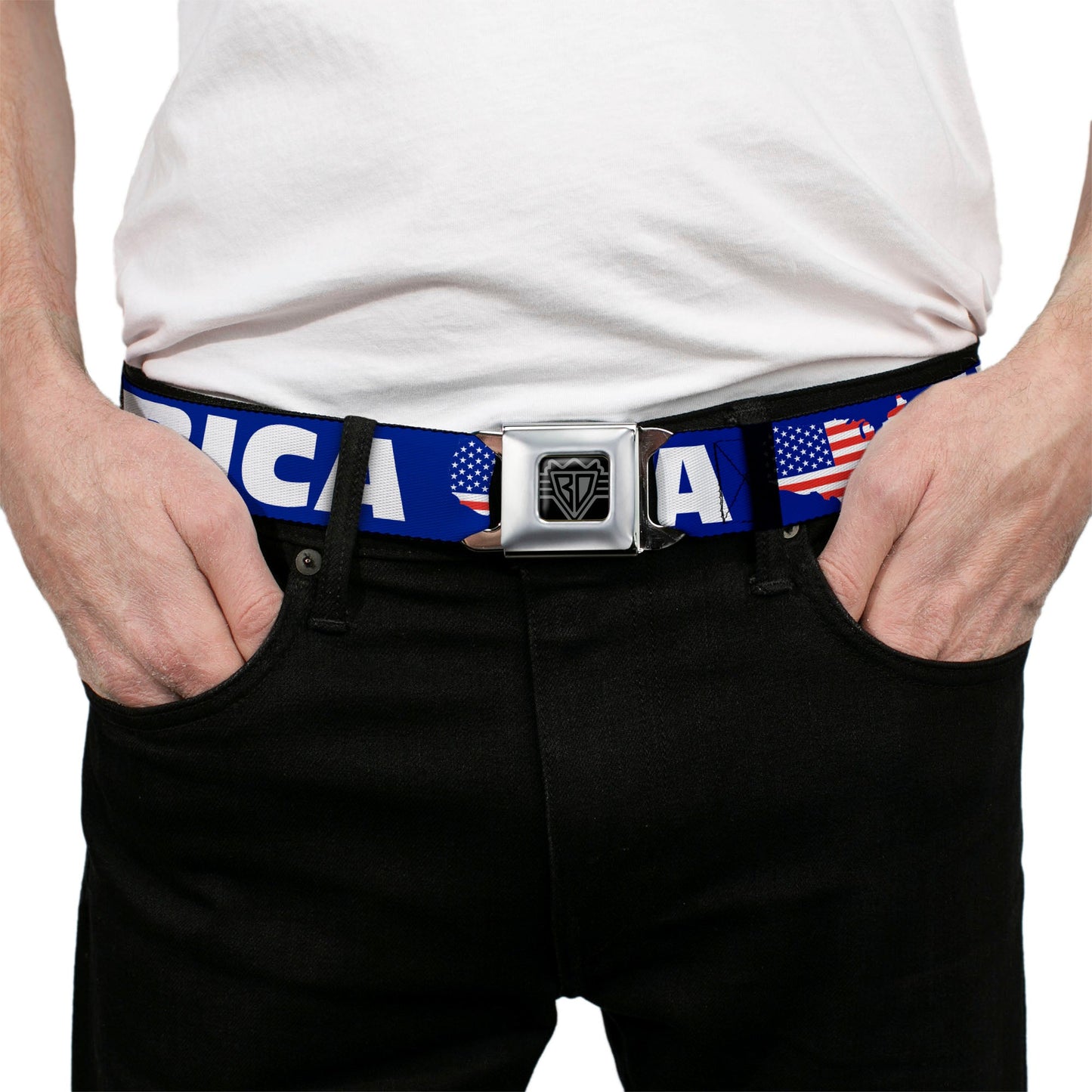 BD Wings Logo CLOSE-UP Full Color Black Silver Seatbelt Belt - 'MERICA/USA Silhouette Blue/White/US Flag Webbing