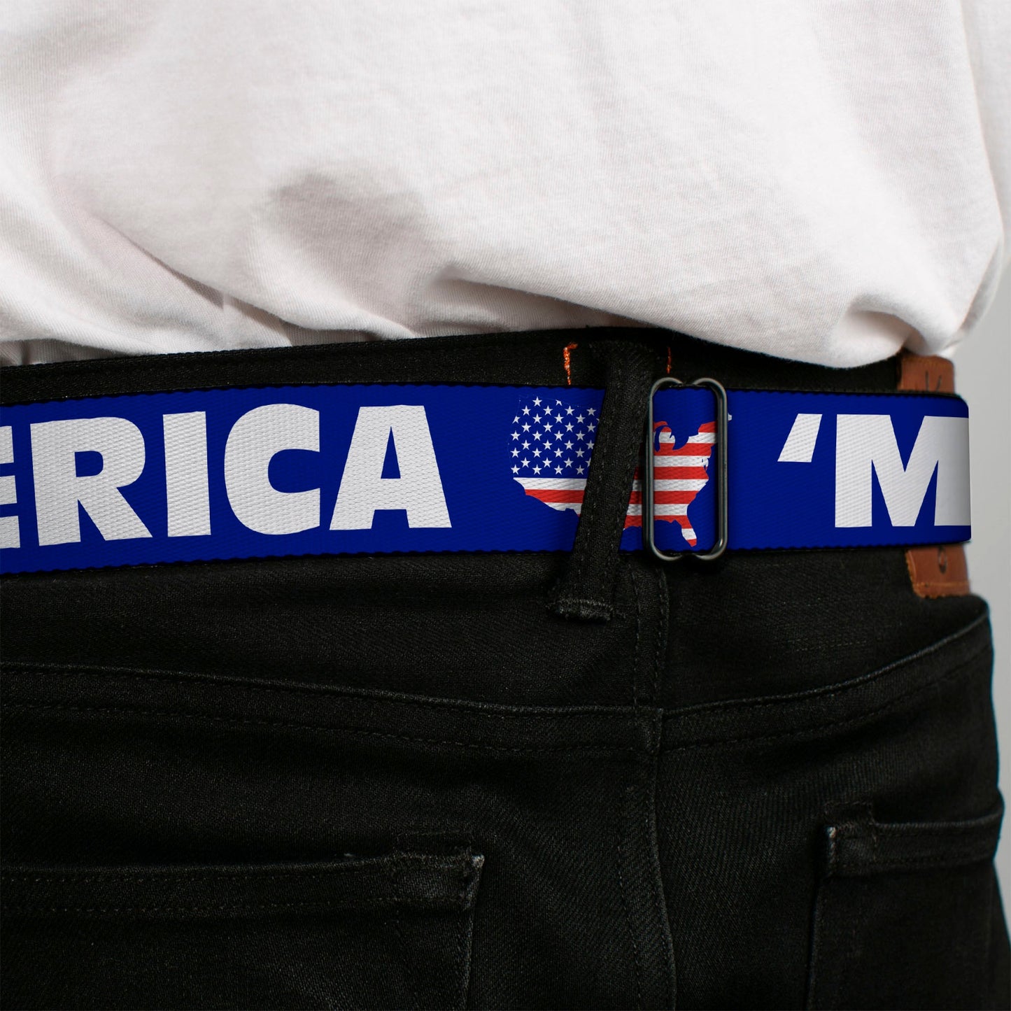 BD Wings Logo CLOSE-UP Full Color Black Silver Seatbelt Belt - 'MERICA/USA Silhouette Blue/White/US Flag Webbing