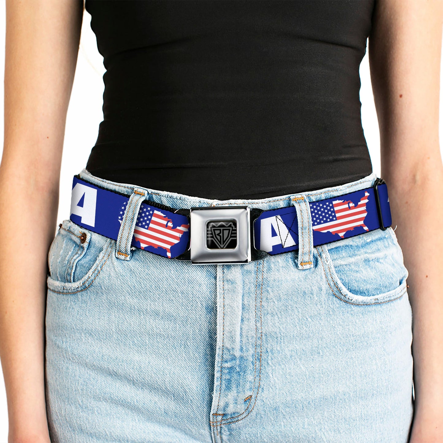 BD Wings Logo CLOSE-UP Full Color Black Silver Seatbelt Belt - 'MERICA/USA Silhouette Blue/White/US Flag Webbing
