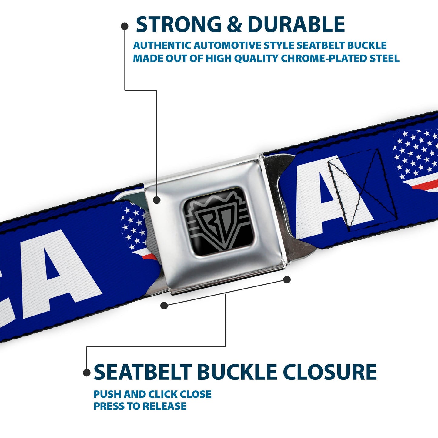BD Wings Logo CLOSE-UP Full Color Black Silver Seatbelt Belt - 'MERICA/USA Silhouette Blue/White/US Flag Webbing