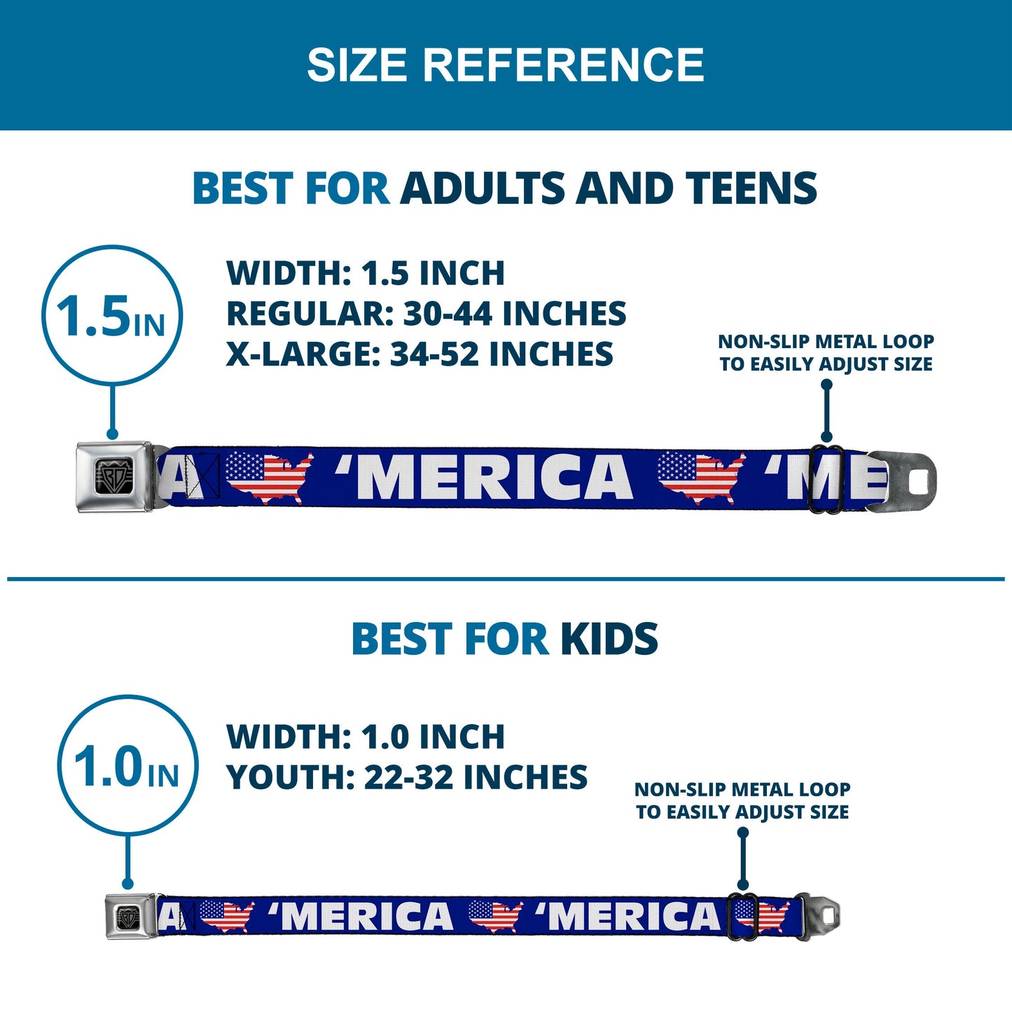 BD Wings Logo CLOSE-UP Full Color Black Silver Seatbelt Belt - 'MERICA/USA Silhouette Blue/White/US Flag Webbing