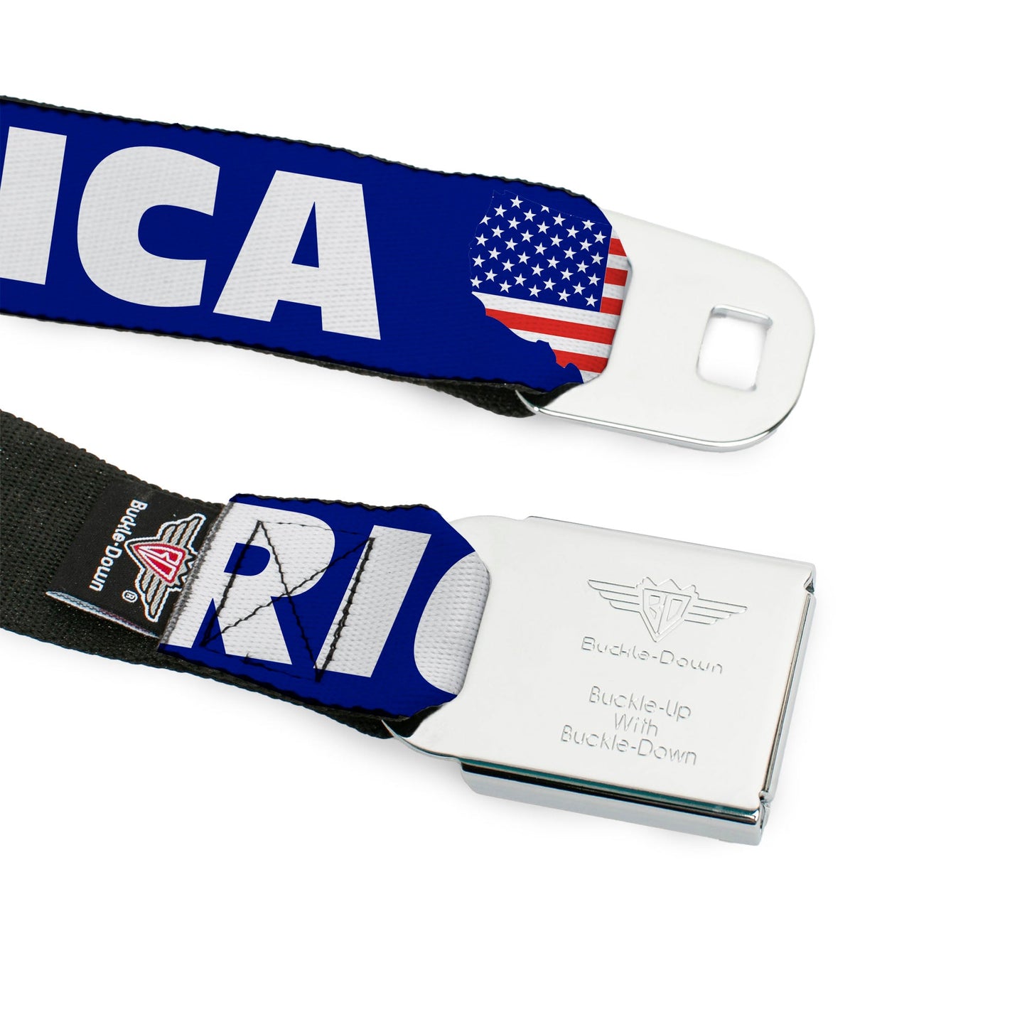 BD Wings Logo CLOSE-UP Full Color Black Silver Seatbelt Belt - 'MERICA/USA Silhouette Blue/White/US Flag Webbing