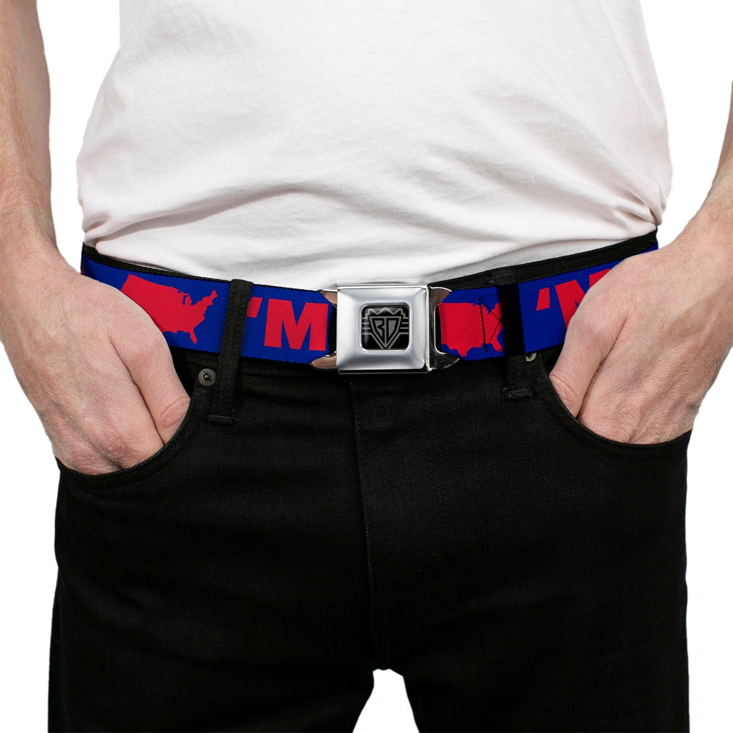 BD Wings Logo CLOSE-UP Full Color Black Silver Seatbelt Belt - 'MERICA/USA Silhouette Blue/Red Webbing