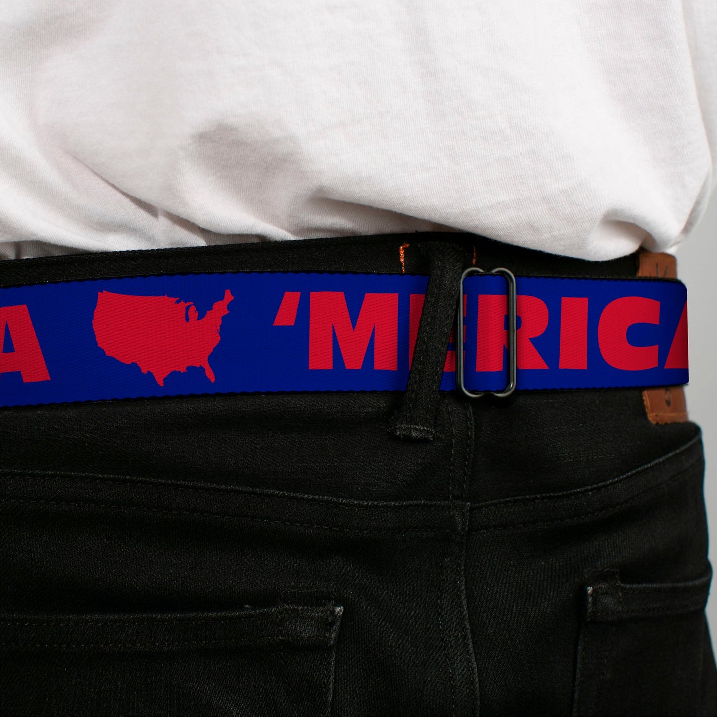 BD Wings Logo CLOSE-UP Full Color Black Silver Seatbelt Belt - 'MERICA/USA Silhouette Blue/Red Webbing