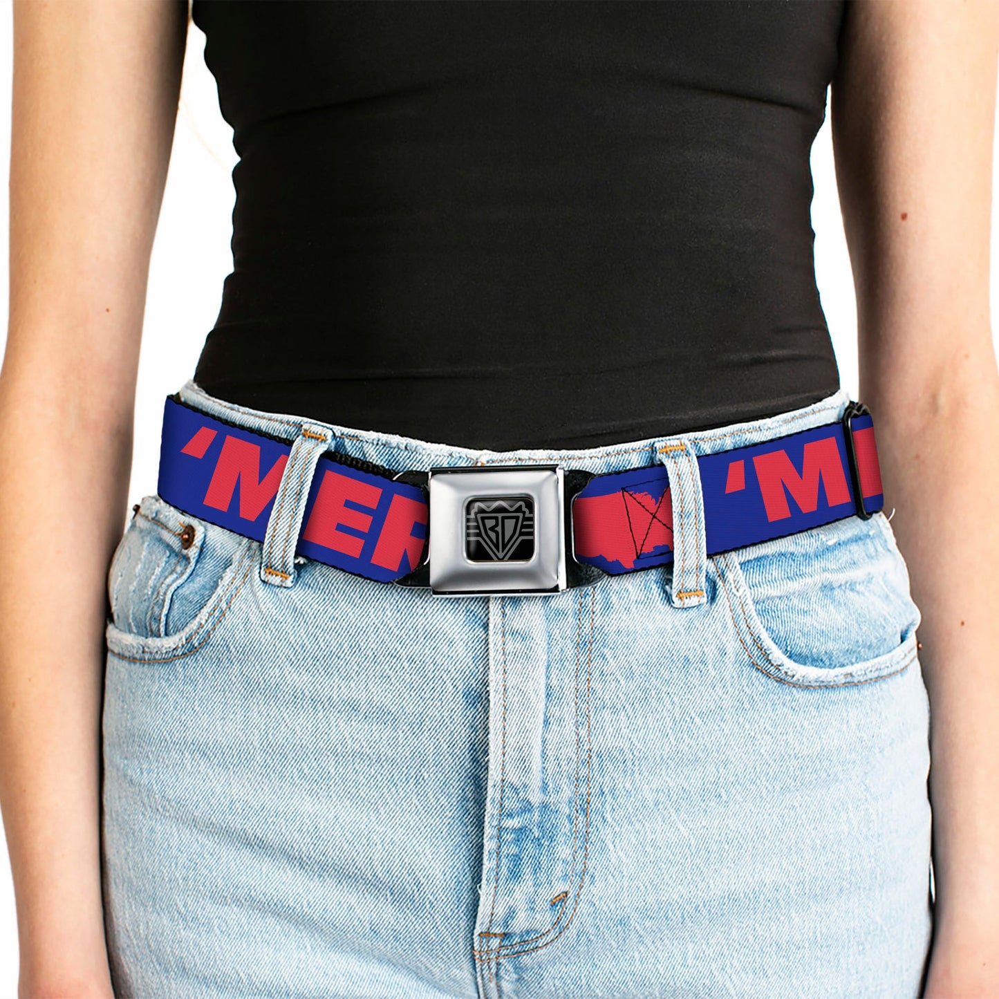 BD Wings Logo CLOSE-UP Full Color Black Silver Seatbelt Belt - 'MERICA/USA Silhouette Blue/Red Webbing
