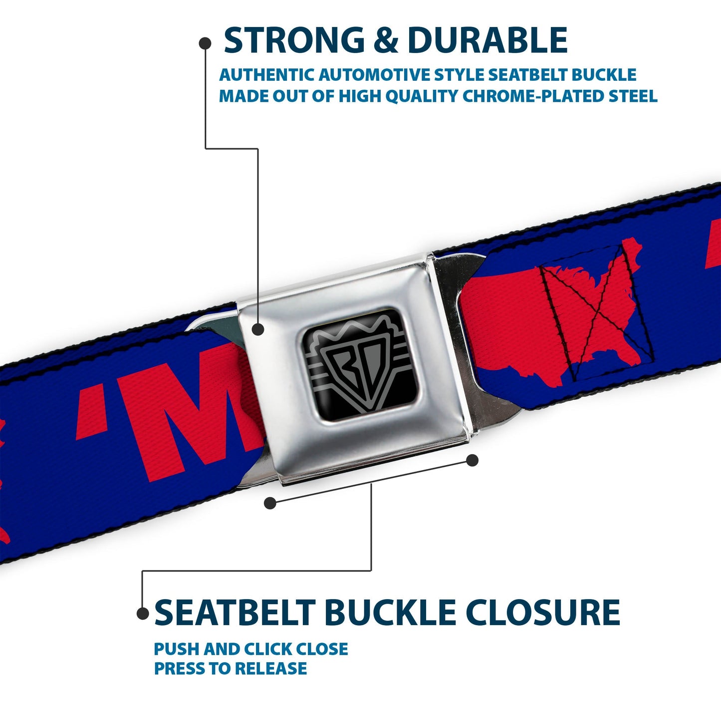 BD Wings Logo CLOSE-UP Full Color Black Silver Seatbelt Belt - 'MERICA/USA Silhouette Blue/Red Webbing