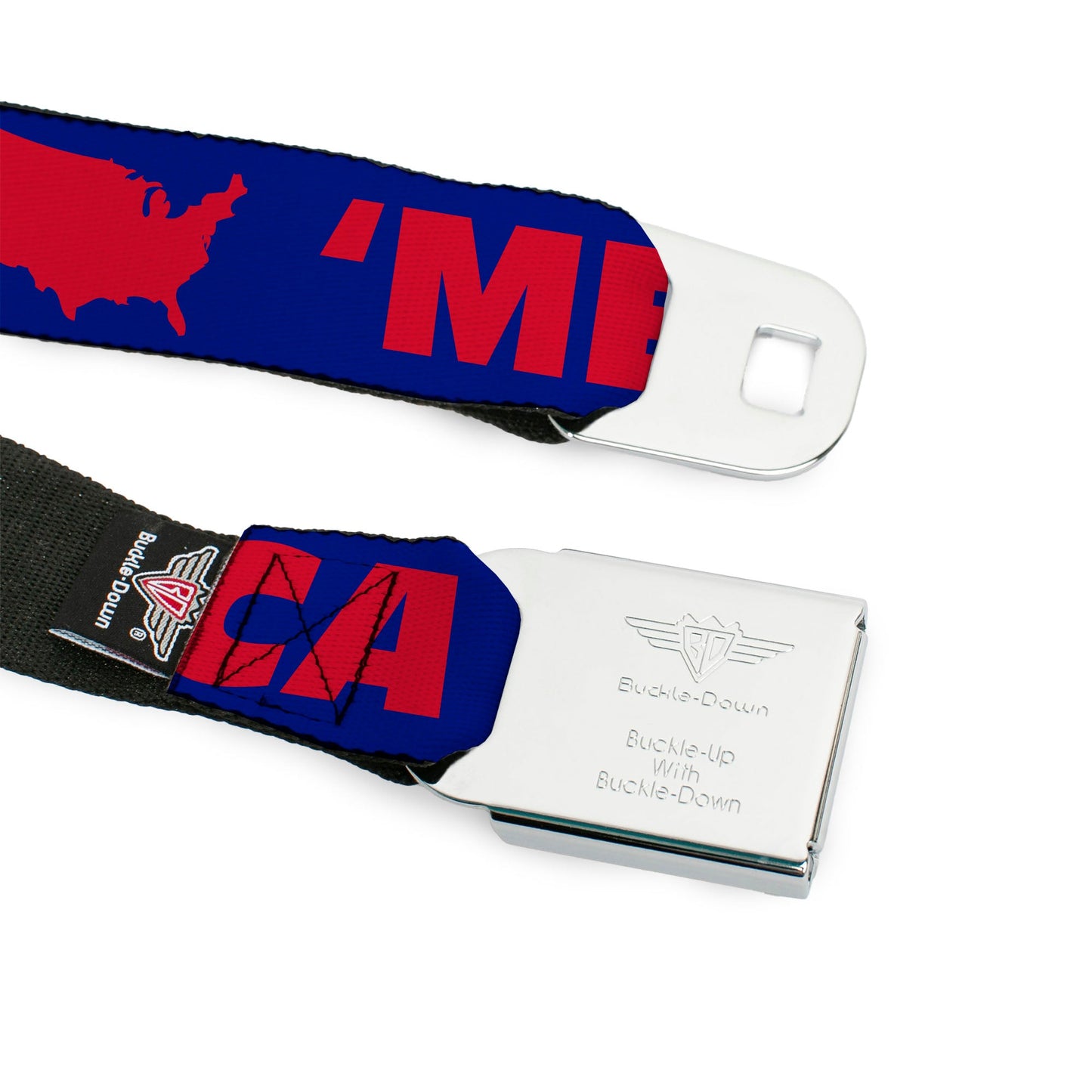 BD Wings Logo CLOSE-UP Full Color Black Silver Seatbelt Belt - 'MERICA/USA Silhouette Blue/Red Webbing