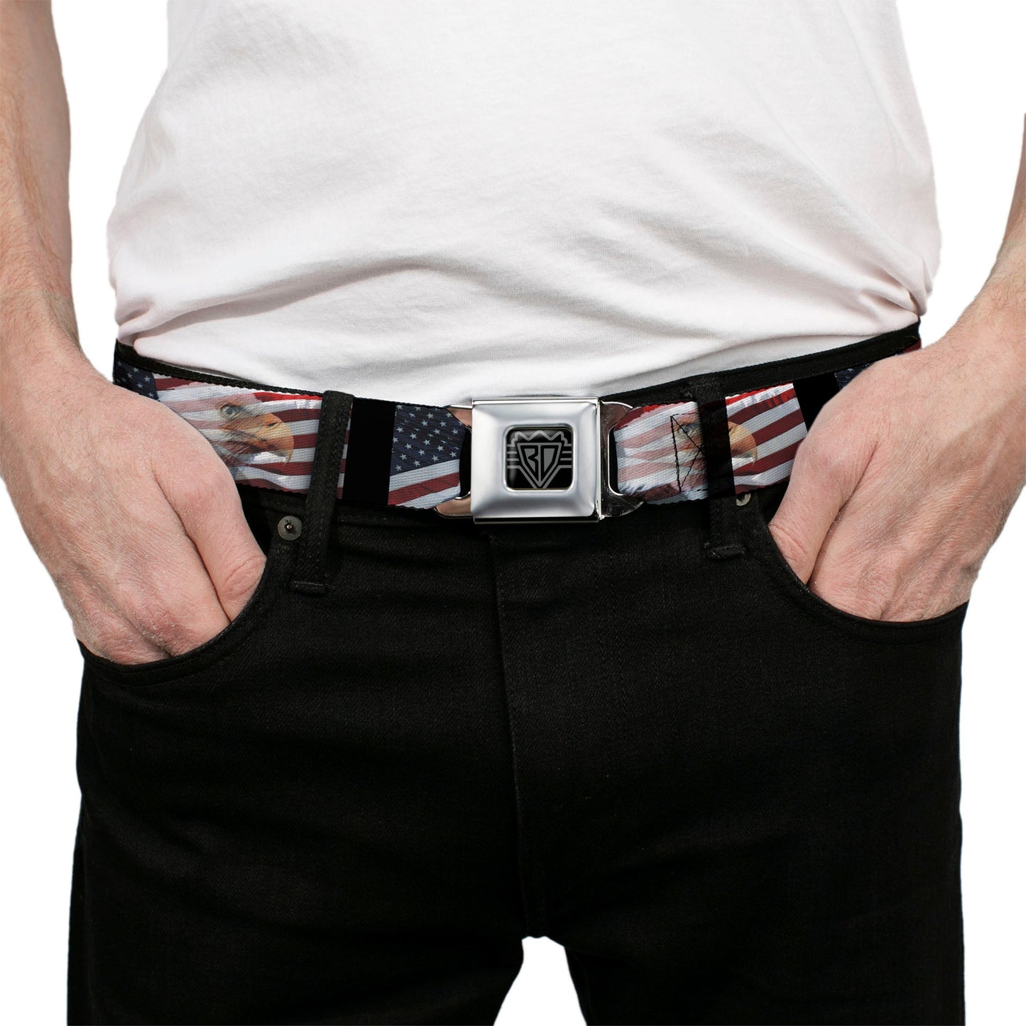 BD Wings Logo CLOSE-UP Full Color Black Silver Seatbelt Belt - American Eagle Flags Webbing