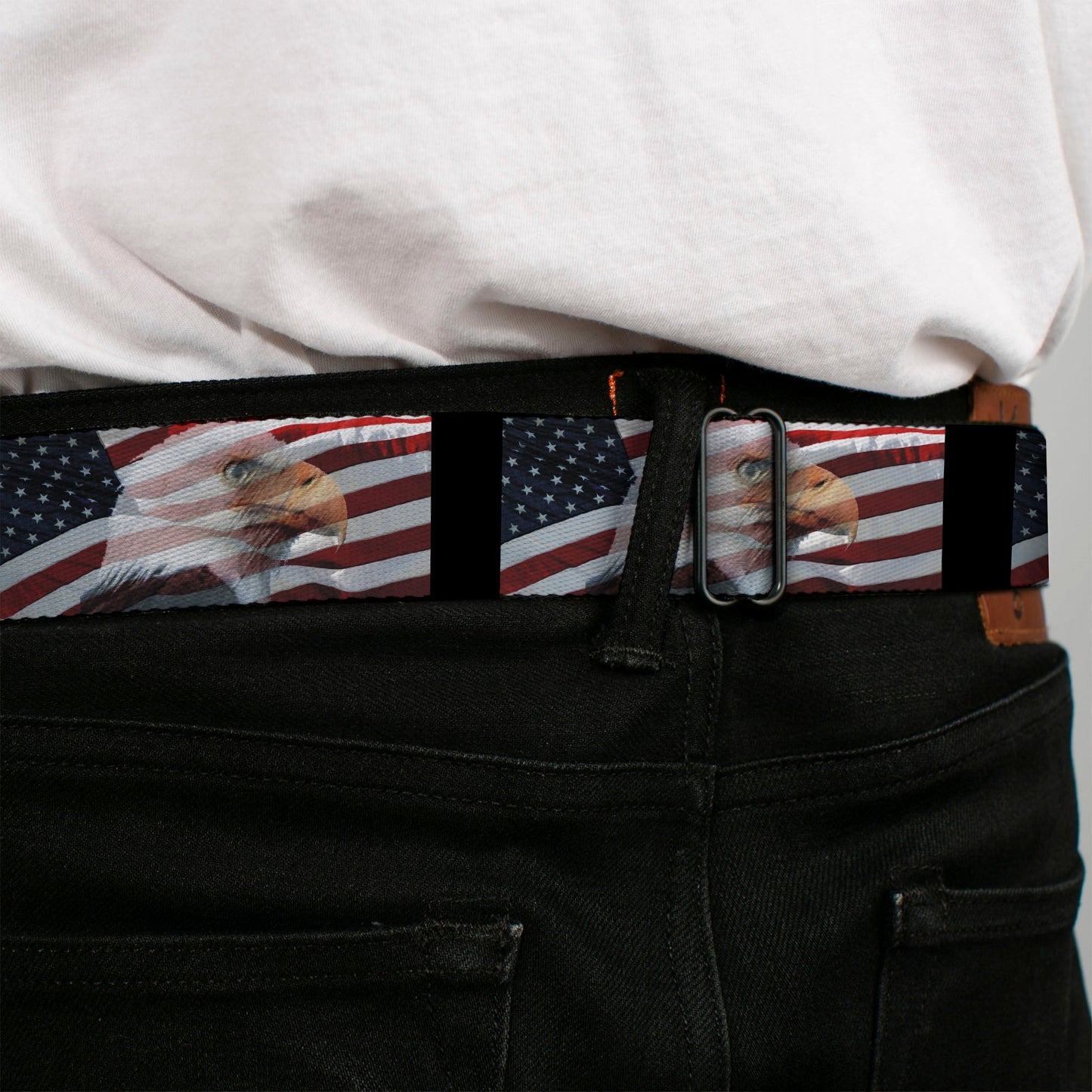 BD Wings Logo CLOSE-UP Full Color Black Silver Seatbelt Belt - American Eagle Flags Webbing