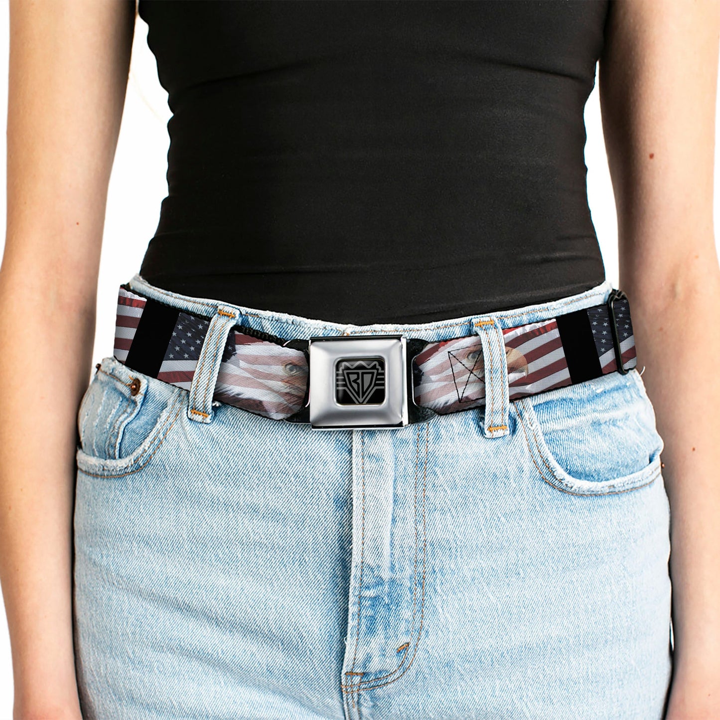BD Wings Logo CLOSE-UP Full Color Black Silver Seatbelt Belt - American Eagle Flags Webbing