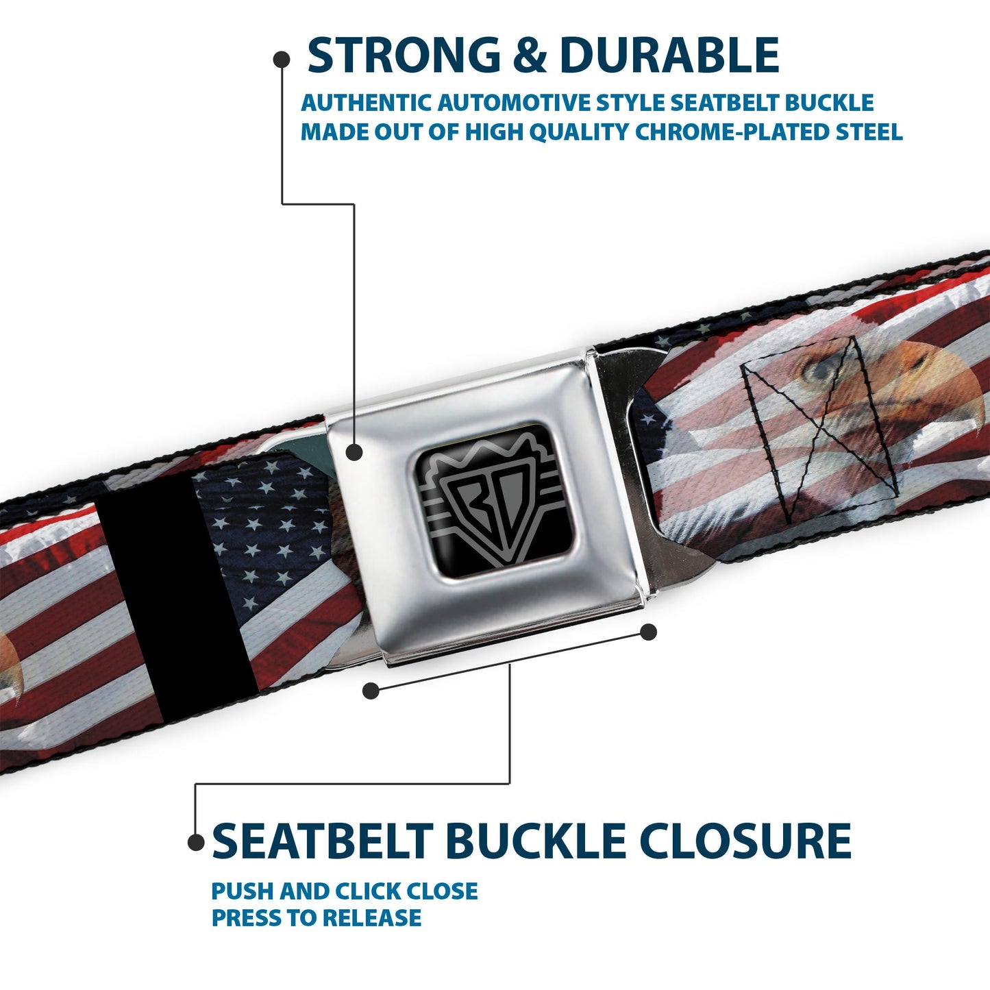 BD Wings Logo CLOSE-UP Full Color Black Silver Seatbelt Belt - American Eagle Flags Webbing