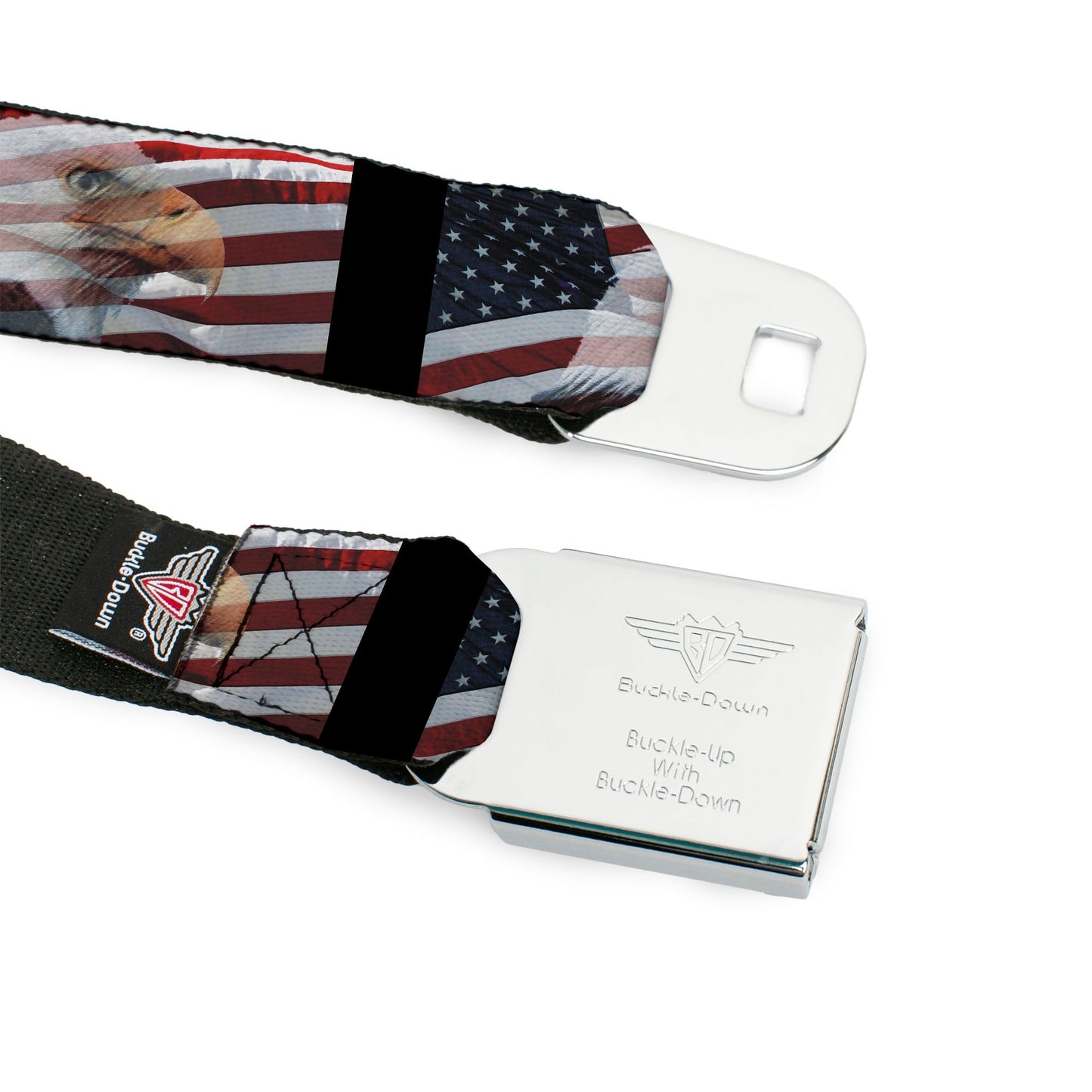 BD Wings Logo CLOSE-UP Full Color Black Silver Seatbelt Belt - American Eagle Flags Webbing