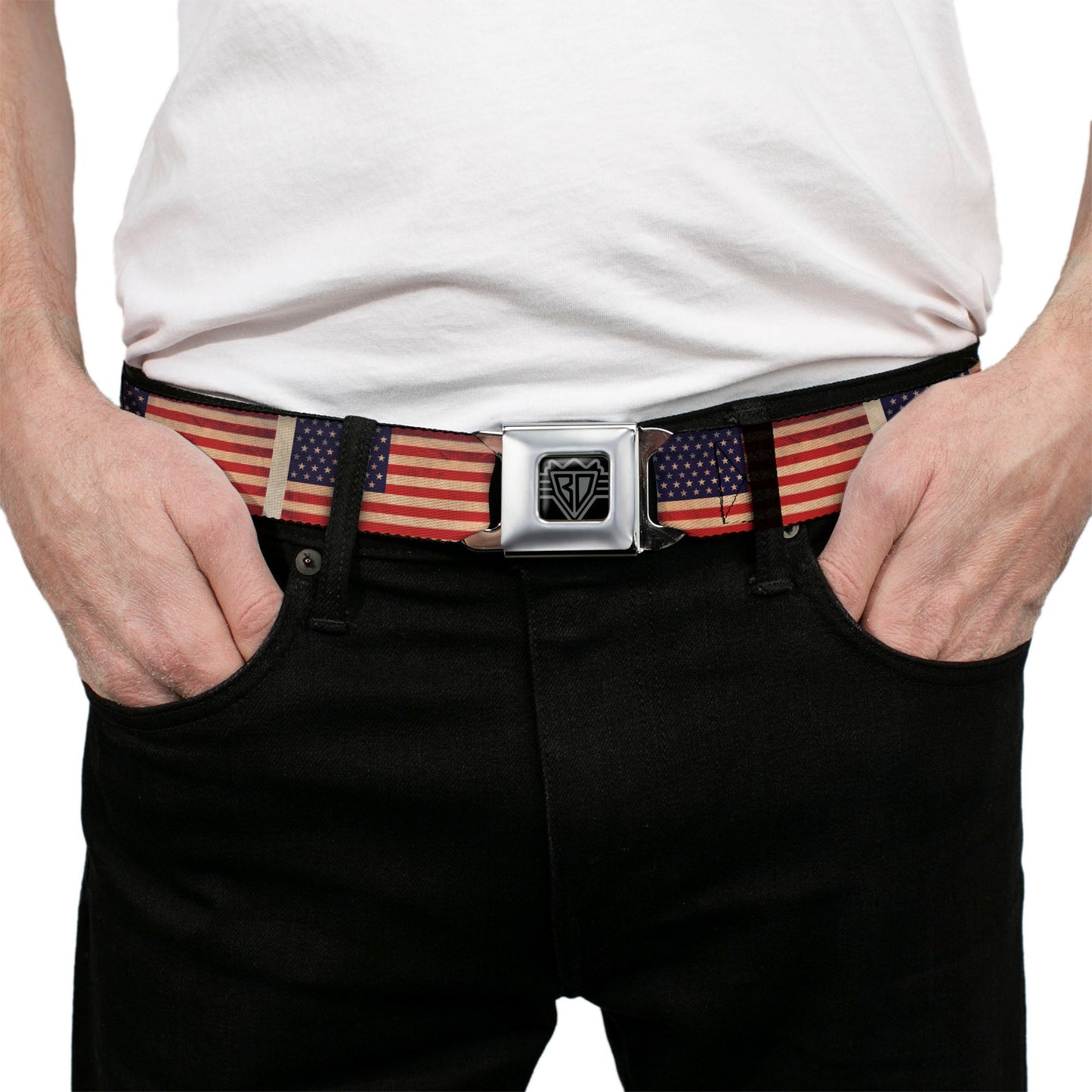 BD Wings Logo CLOSE-UP Full Color Black Silver Seatbelt Belt - American Flag Weathered Color Repeat Webbing
