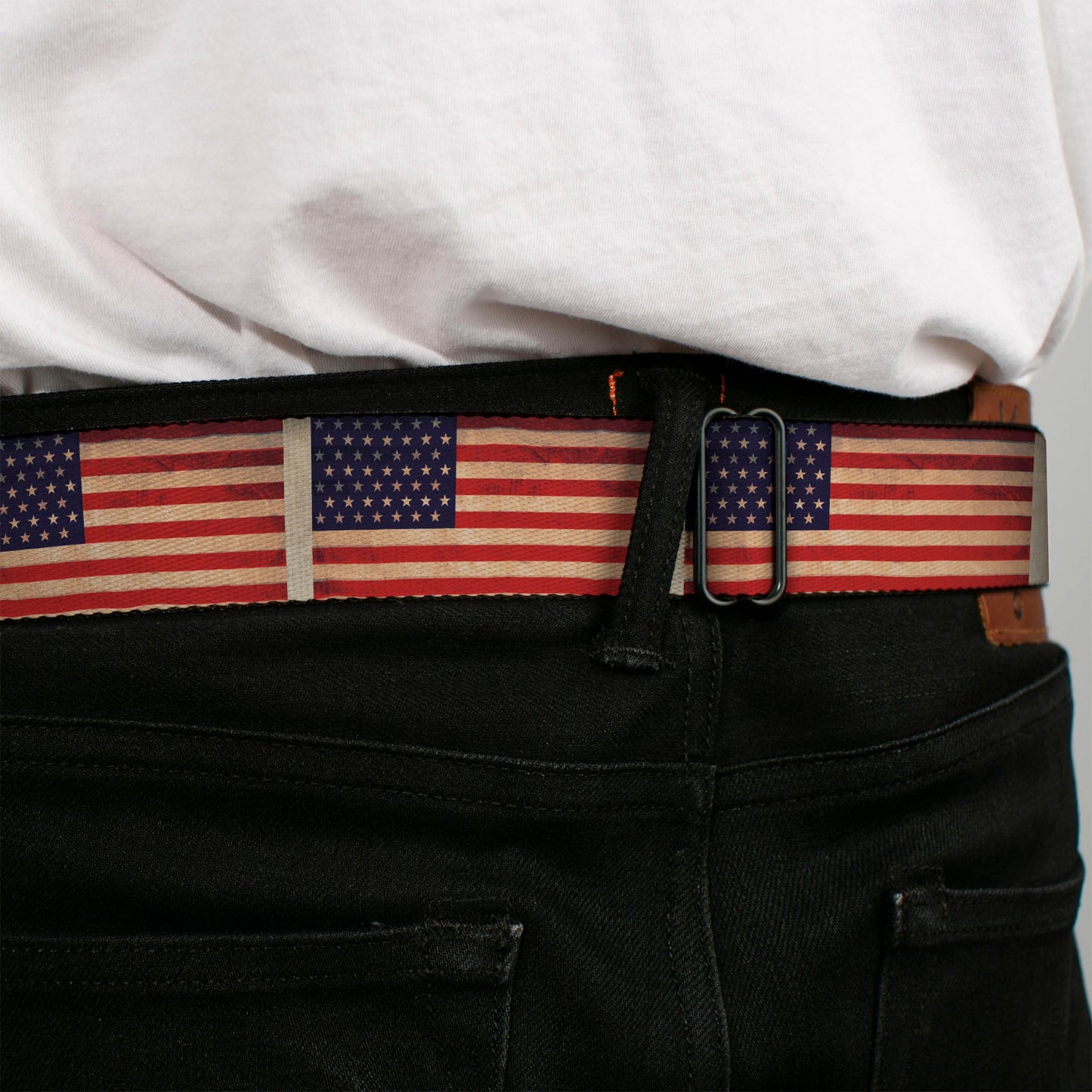 BD Wings Logo CLOSE-UP Full Color Black Silver Seatbelt Belt - American Flag Weathered Color Repeat Webbing
