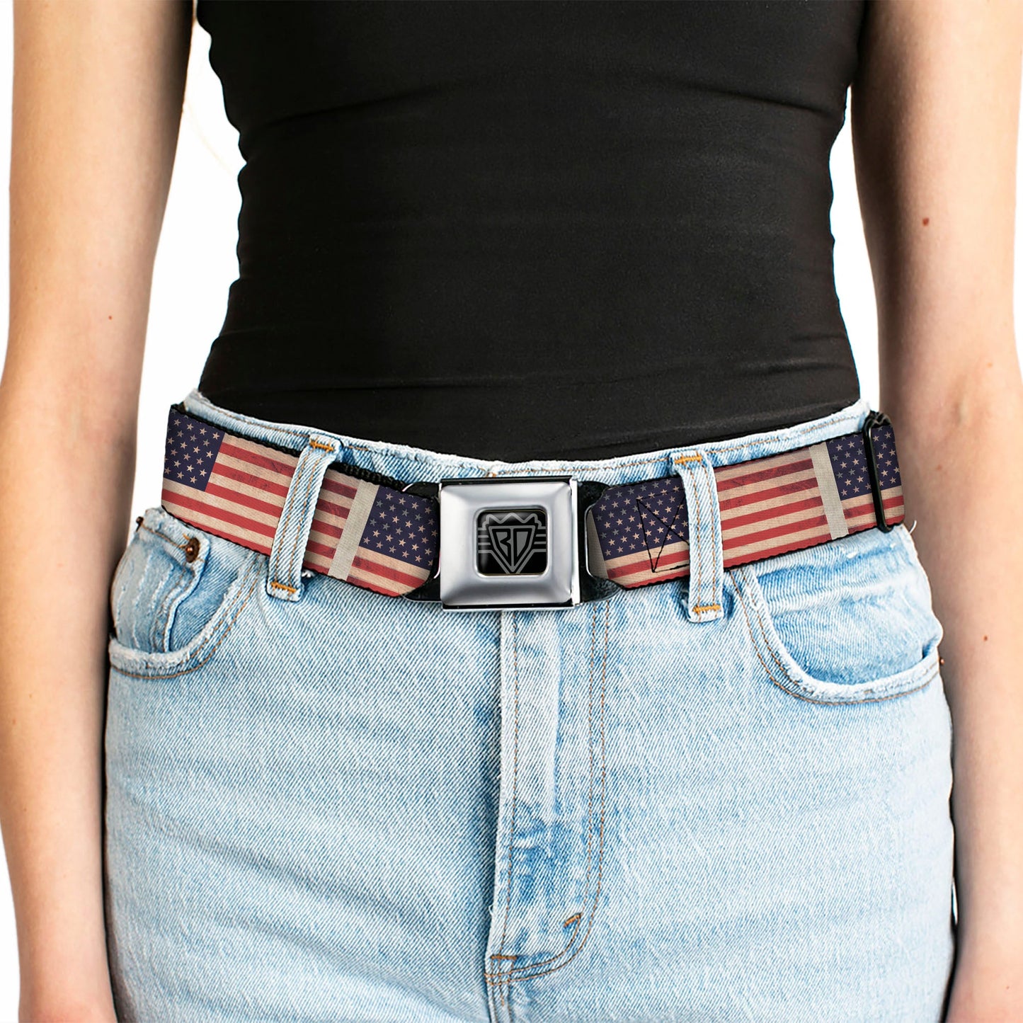 BD Wings Logo CLOSE-UP Full Color Black Silver Seatbelt Belt - American Flag Weathered Color Repeat Webbing