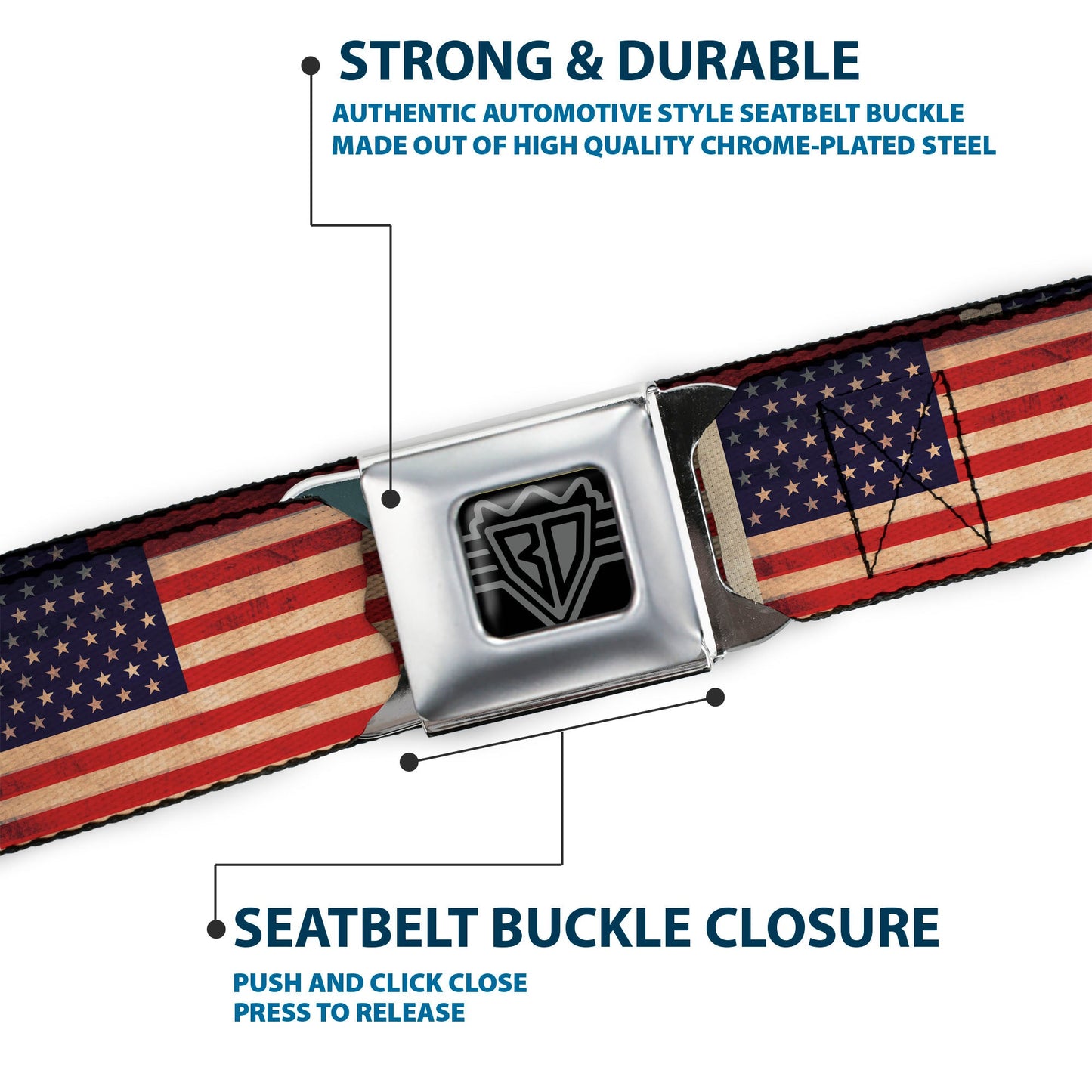 BD Wings Logo CLOSE-UP Full Color Black Silver Seatbelt Belt - American Flag Weathered Color Repeat Webbing