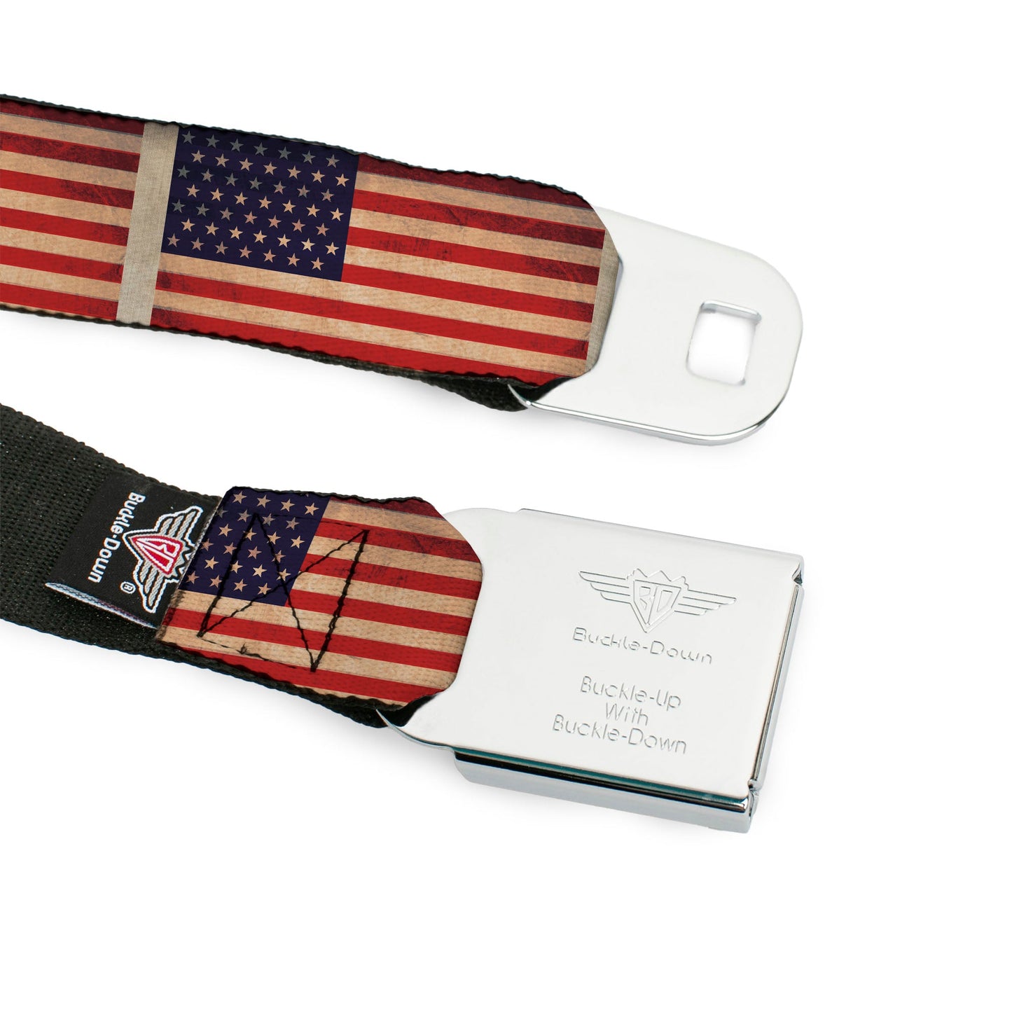 BD Wings Logo CLOSE-UP Full Color Black Silver Seatbelt Belt - American Flag Weathered Color Repeat Webbing