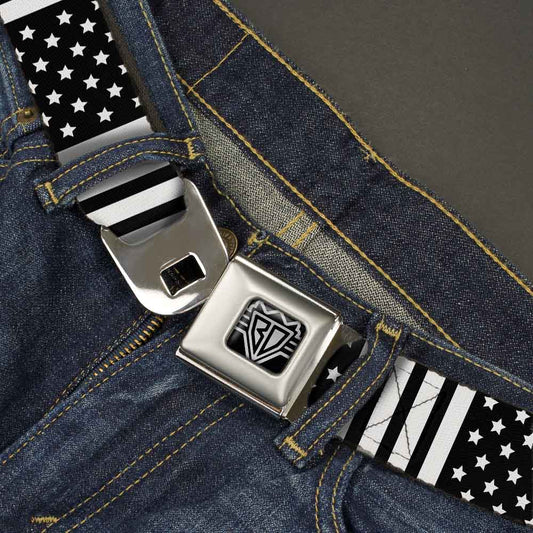 BD Wings Logo CLOSE-UP Full Color Black Silver Seatbelt Belt - American Flag CLOSE-UP Black/White Webbing