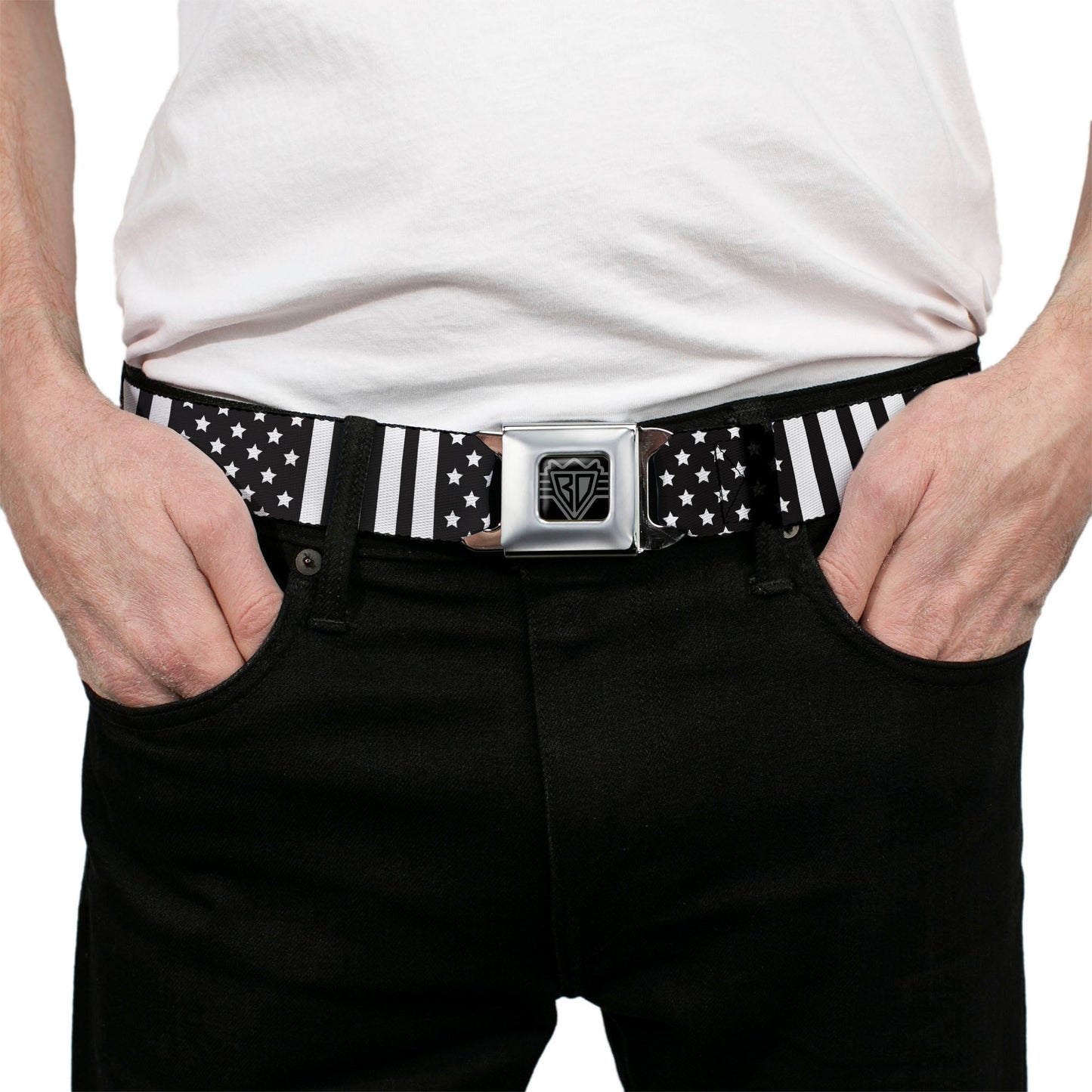 BD Wings Logo CLOSE-UP Full Color Black Silver Seatbelt Belt - American Flag CLOSE-UP Black/White Webbing