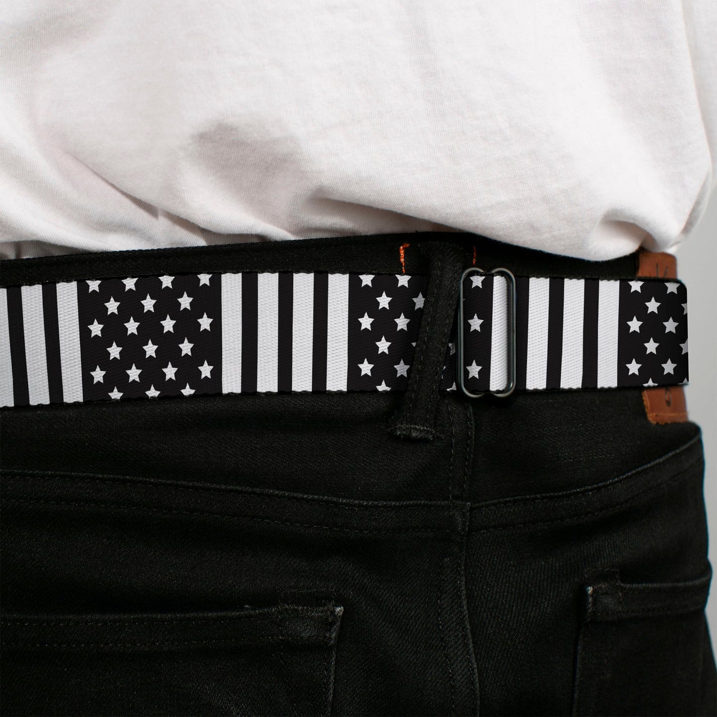 BD Wings Logo CLOSE-UP Full Color Black Silver Seatbelt Belt - American Flag CLOSE-UP Black/White Webbing