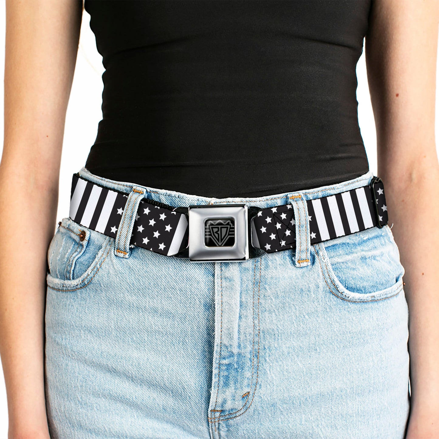 BD Wings Logo CLOSE-UP Full Color Black Silver Seatbelt Belt - American Flag CLOSE-UP Black/White Webbing