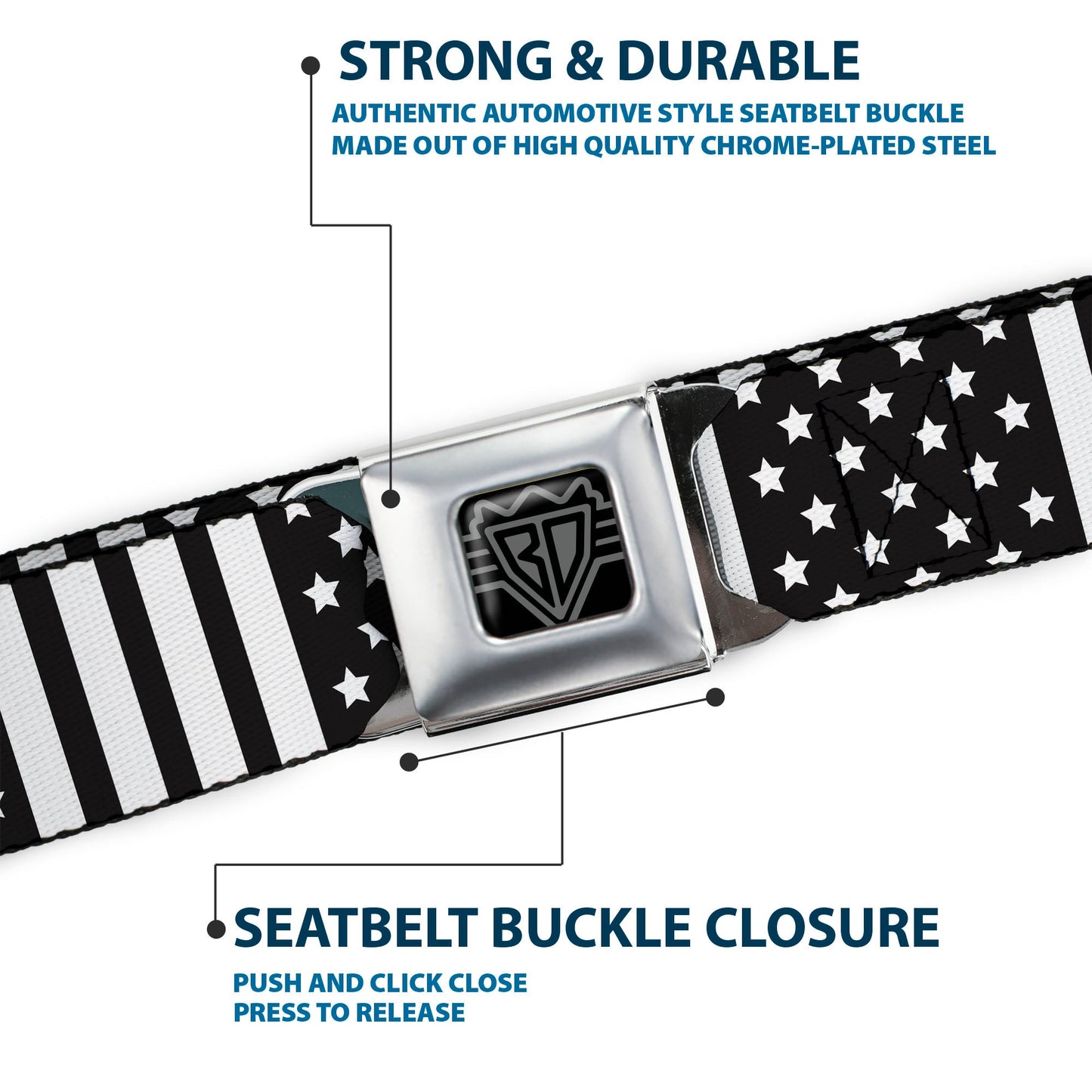 BD Wings Logo CLOSE-UP Full Color Black Silver Seatbelt Belt - American Flag CLOSE-UP Black/White Webbing