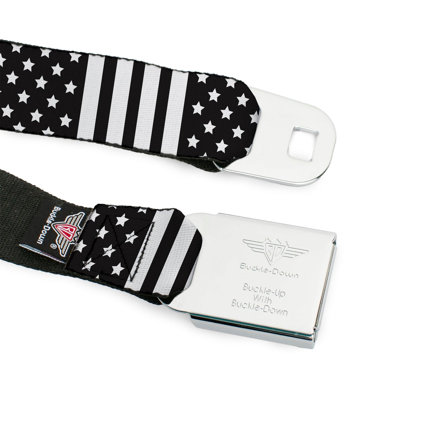 BD Wings Logo CLOSE-UP Full Color Black Silver Seatbelt Belt - American Flag CLOSE-UP Black/White Webbing