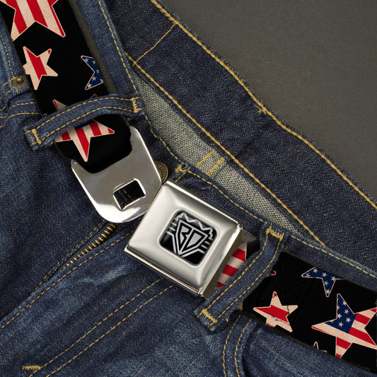 BD Wings Logo CLOSE-UP Full Color Black Silver Seatbelt Belt - Americana Stars & Flags Black/Red/White/Blue Webbing