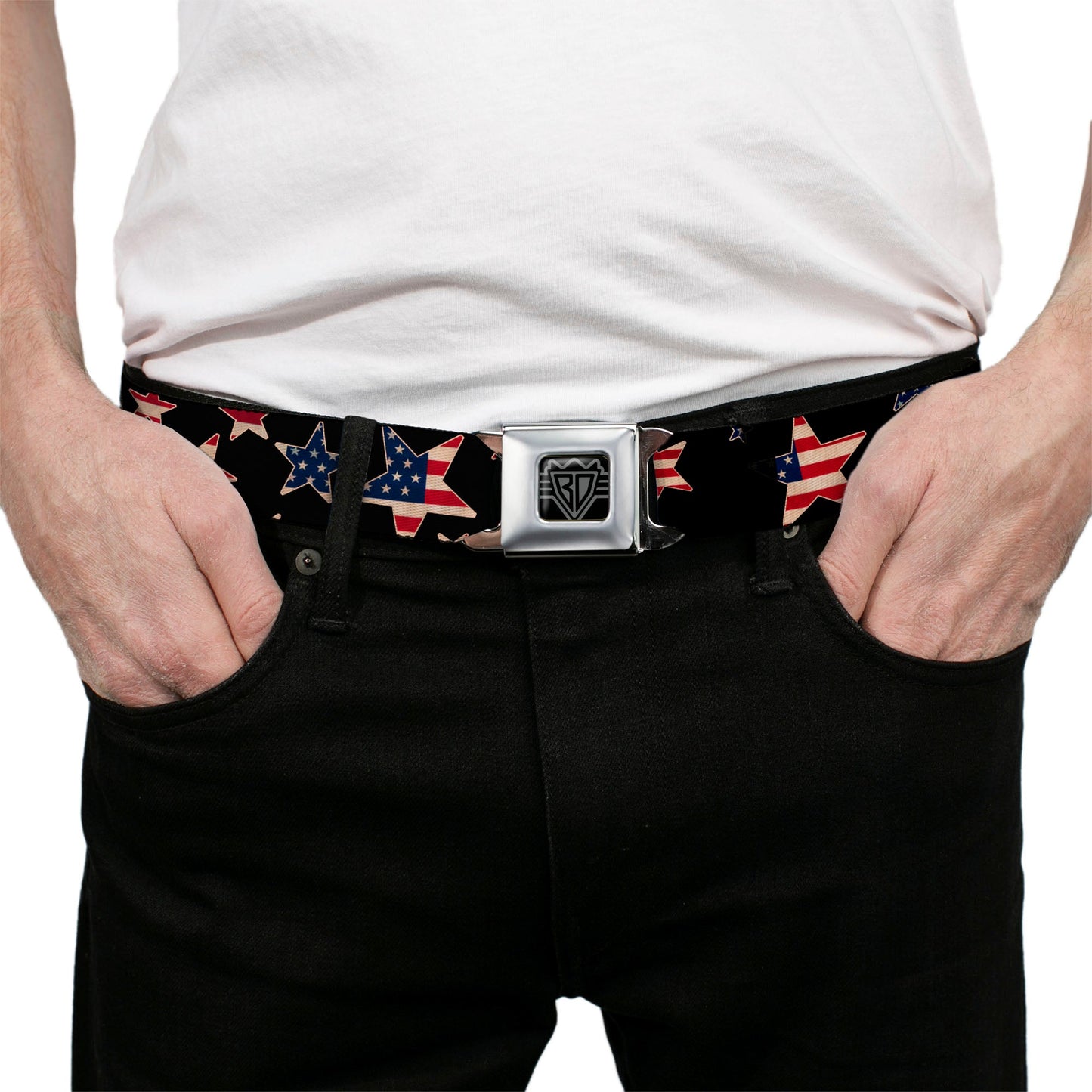 BD Wings Logo CLOSE-UP Full Color Black Silver Seatbelt Belt - Americana Stars & Flags Black/Red/White/Blue Webbing