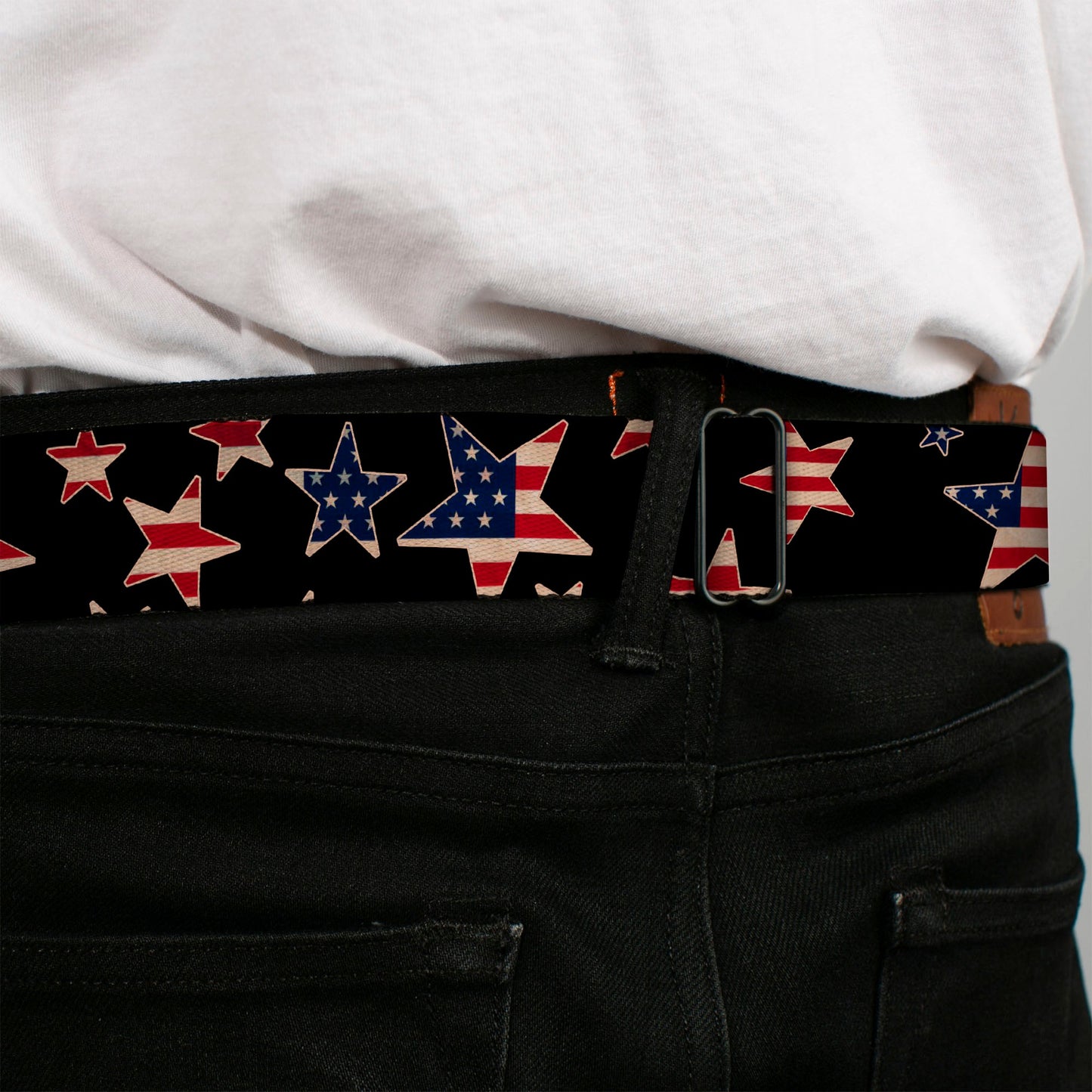 BD Wings Logo CLOSE-UP Full Color Black Silver Seatbelt Belt - Americana Stars & Flags Black/Red/White/Blue Webbing