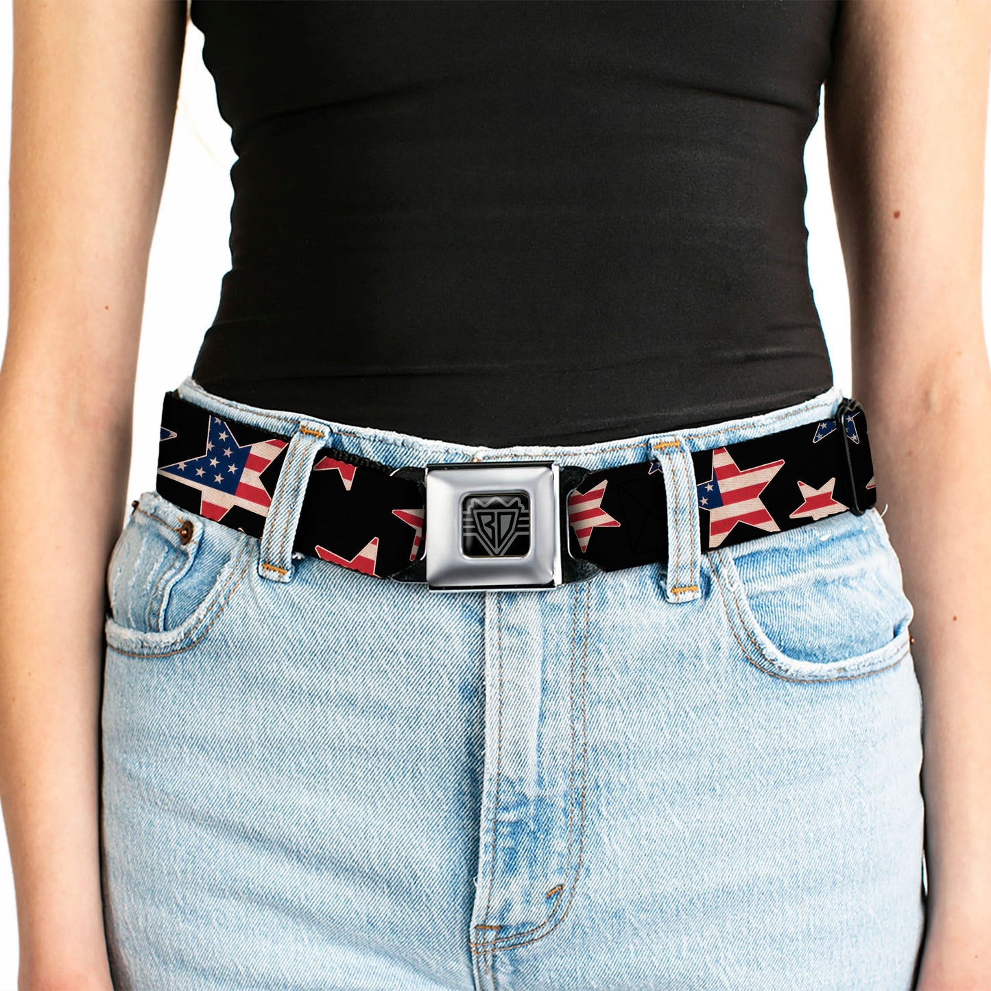BD Wings Logo CLOSE-UP Full Color Black Silver Seatbelt Belt - Americana Stars & Flags Black/Red/White/Blue Webbing