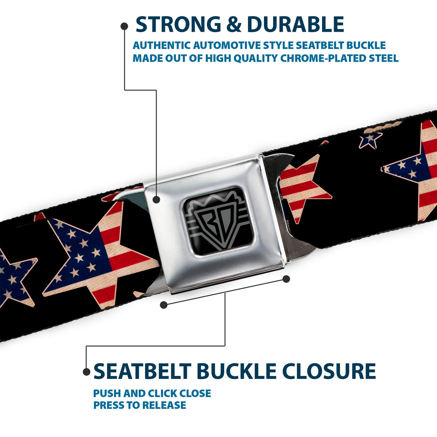 BD Wings Logo CLOSE-UP Full Color Black Silver Seatbelt Belt - Americana Stars & Flags Black/Red/White/Blue Webbing