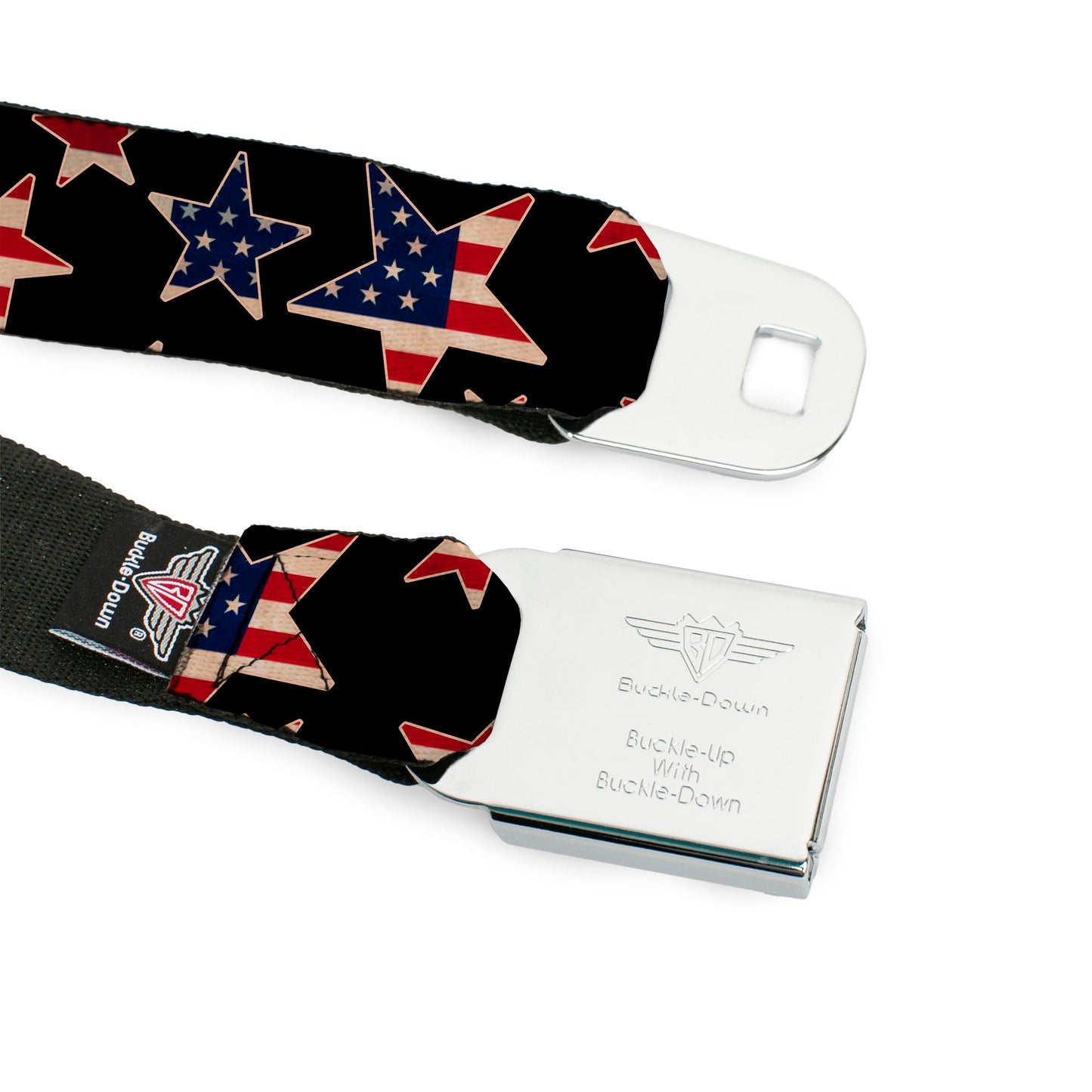 BD Wings Logo CLOSE-UP Full Color Black Silver Seatbelt Belt - Americana Stars & Flags Black/Red/White/Blue Webbing