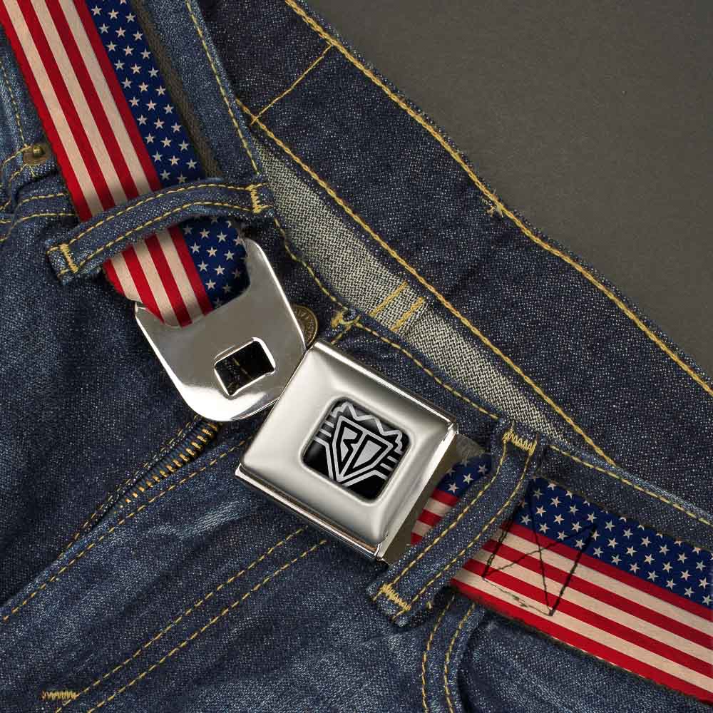 BD Wings Logo CLOSE-UP Full Color Black Silver Seatbelt Belt - American Flag Stripe Webbing
