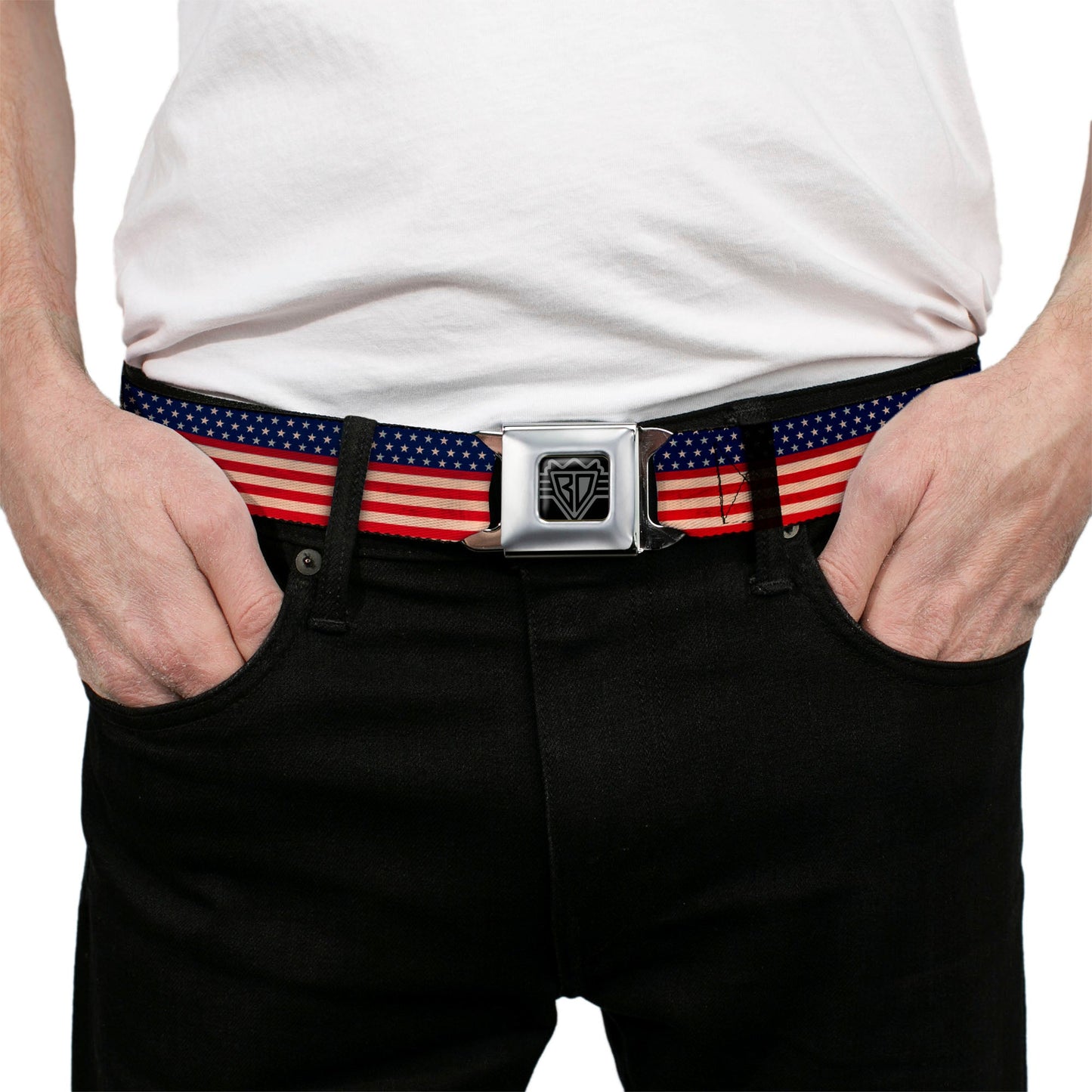 BD Wings Logo CLOSE-UP Full Color Black Silver Seatbelt Belt - American Flag Stripe Webbing