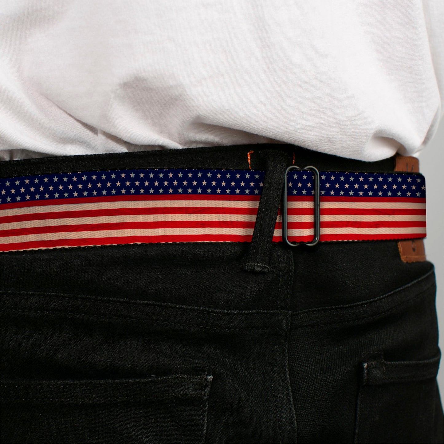 BD Wings Logo CLOSE-UP Full Color Black Silver Seatbelt Belt - American Flag Stripe Webbing