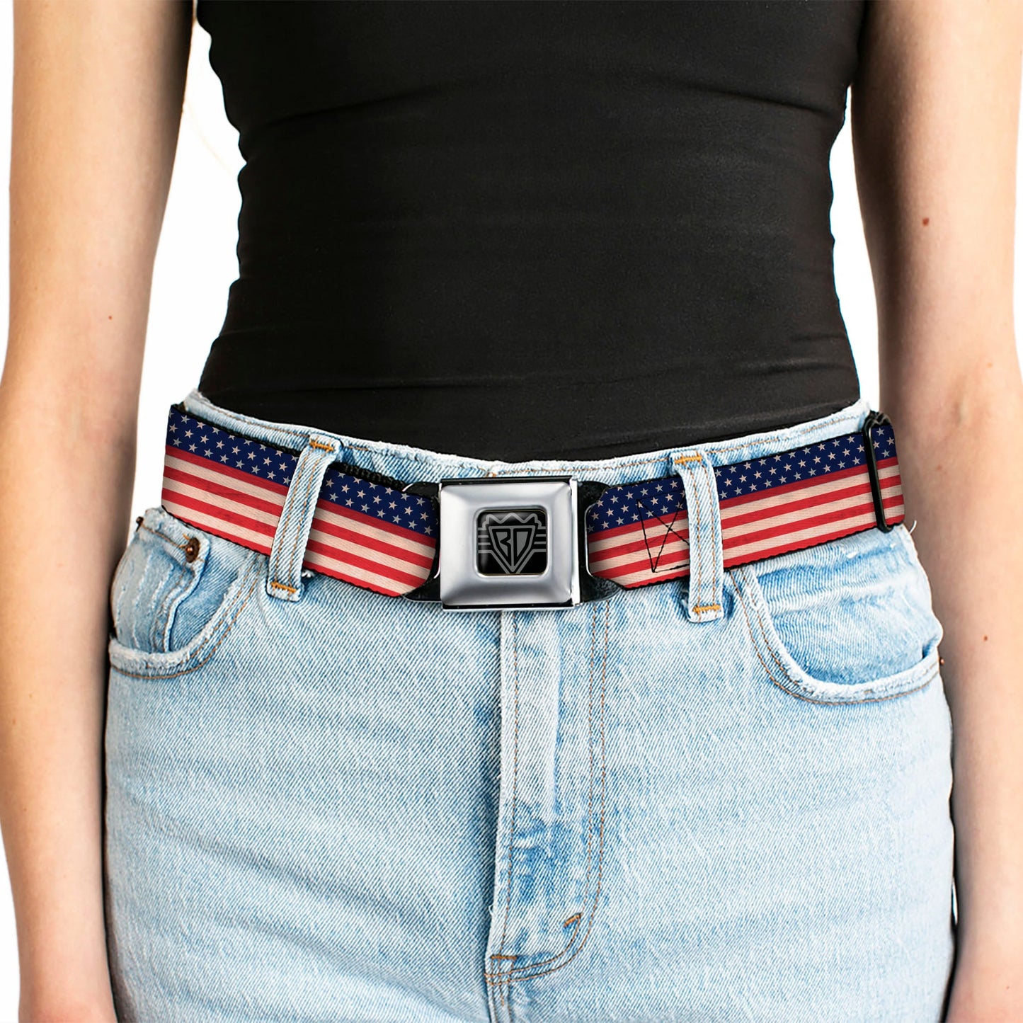 BD Wings Logo CLOSE-UP Full Color Black Silver Seatbelt Belt - American Flag Stripe Webbing