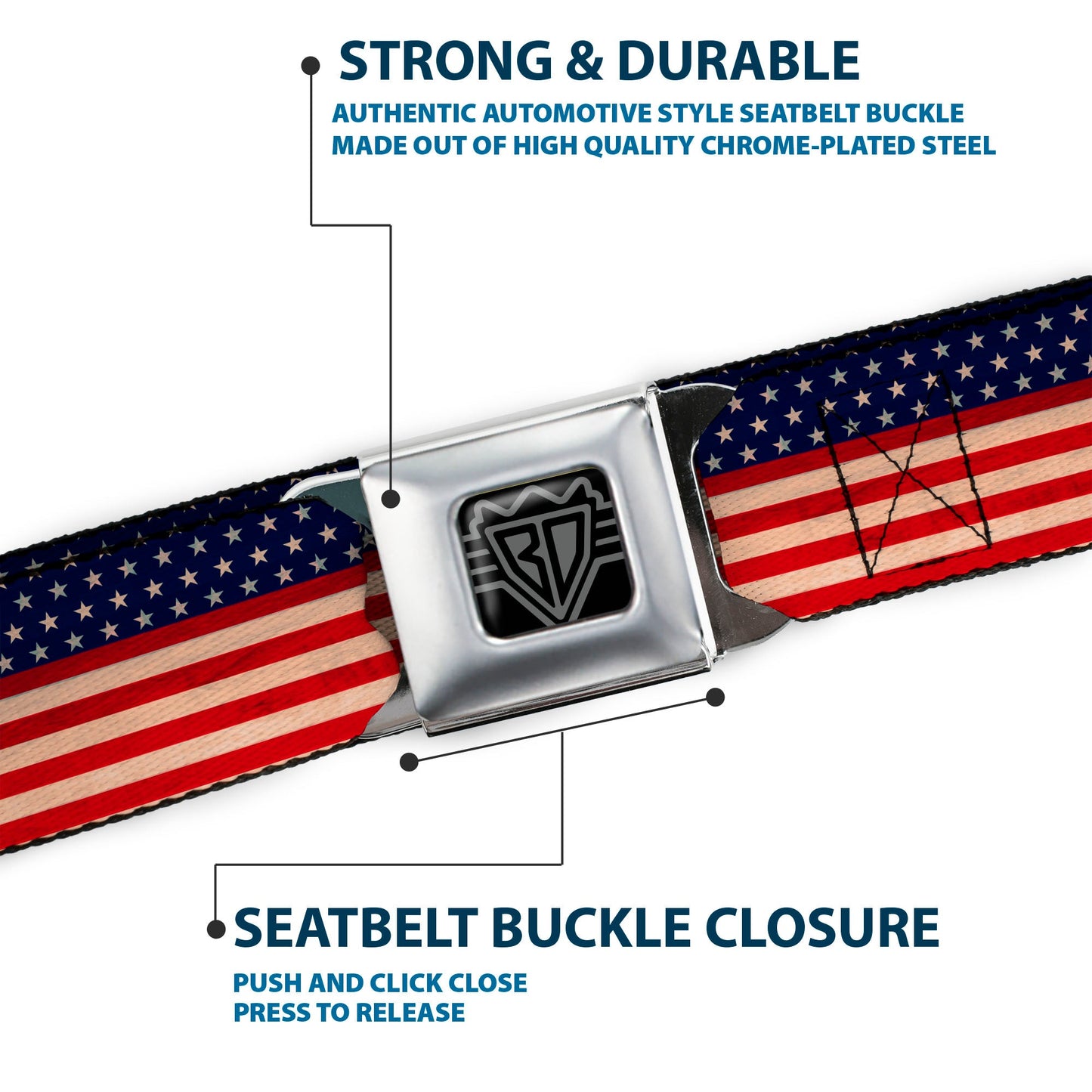 BD Wings Logo CLOSE-UP Full Color Black Silver Seatbelt Belt - American Flag Stripe Webbing