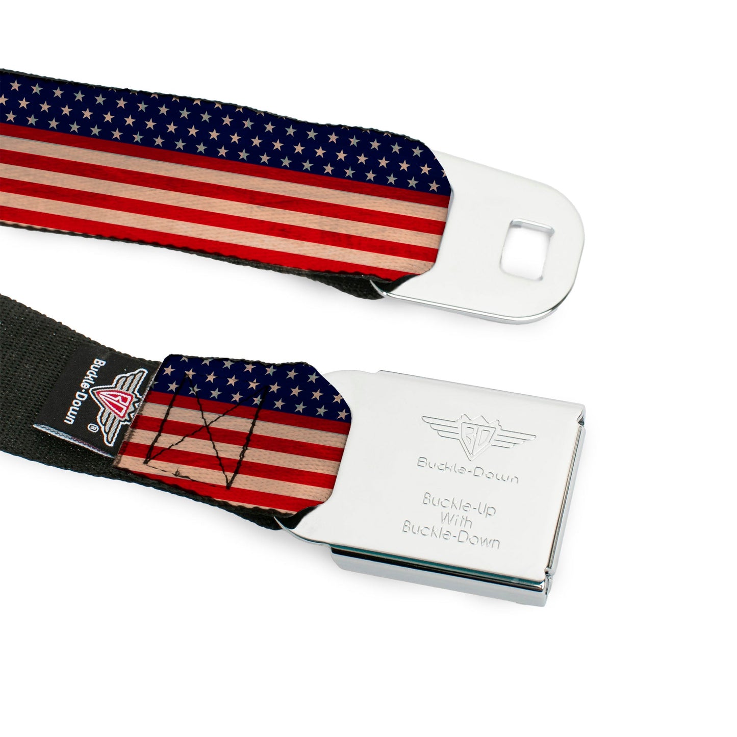 BD Wings Logo CLOSE-UP Full Color Black Silver Seatbelt Belt - American Flag Stripe Webbing