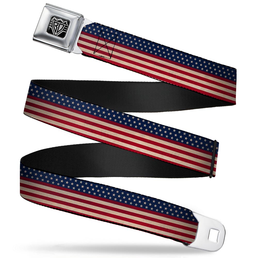 BD Wings Logo CLOSE-UP Full Color Black Silver Seatbelt Belt - American Flag Stripe Webbing