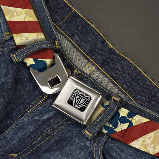BD Wings Logo CLOSE-UP Full Color Black Silver Seatbelt Belt - Americana Diagonal Vintage Stars & Stripes2 Webbing