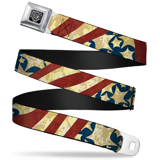 BD Wings Logo CLOSE-UP Full Color Black Silver Seatbelt Belt - Americana Diagonal Vintage Stars & Stripes2 Webbing