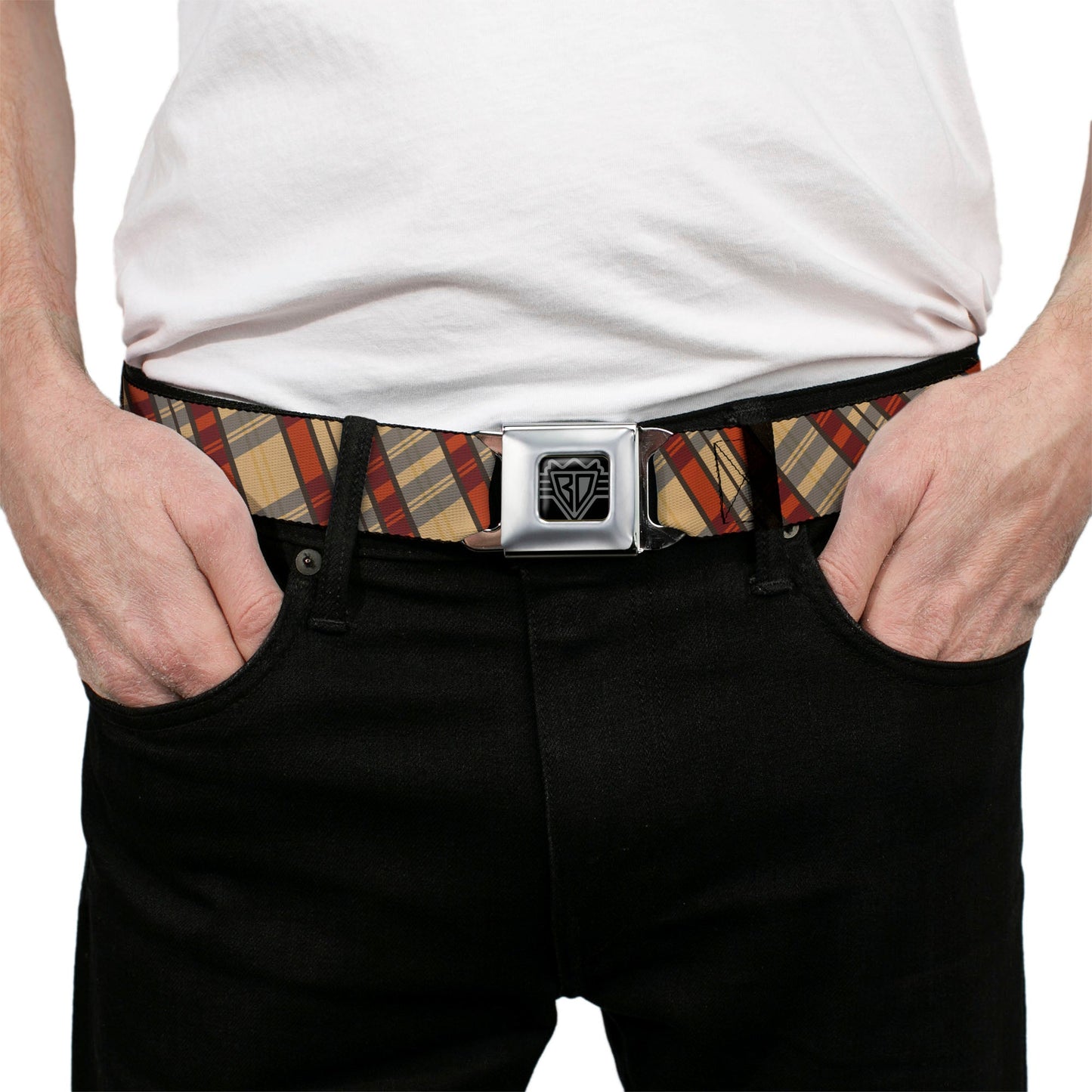 BD Wings Logo CLOSE-UP Full Color Black Silver Seatbelt Belt - Americana Plaid X Webbing