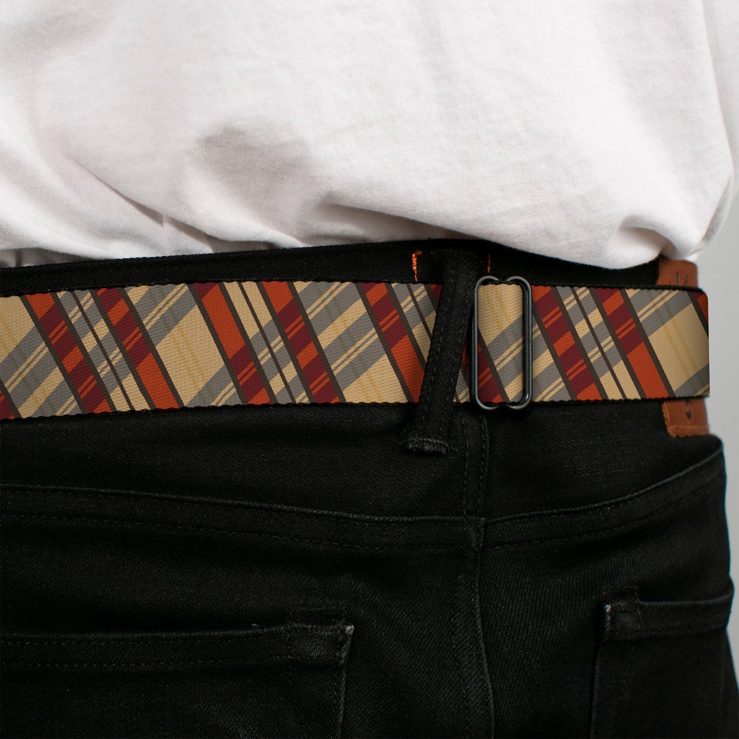 BD Wings Logo CLOSE-UP Full Color Black Silver Seatbelt Belt - Americana Plaid X Webbing