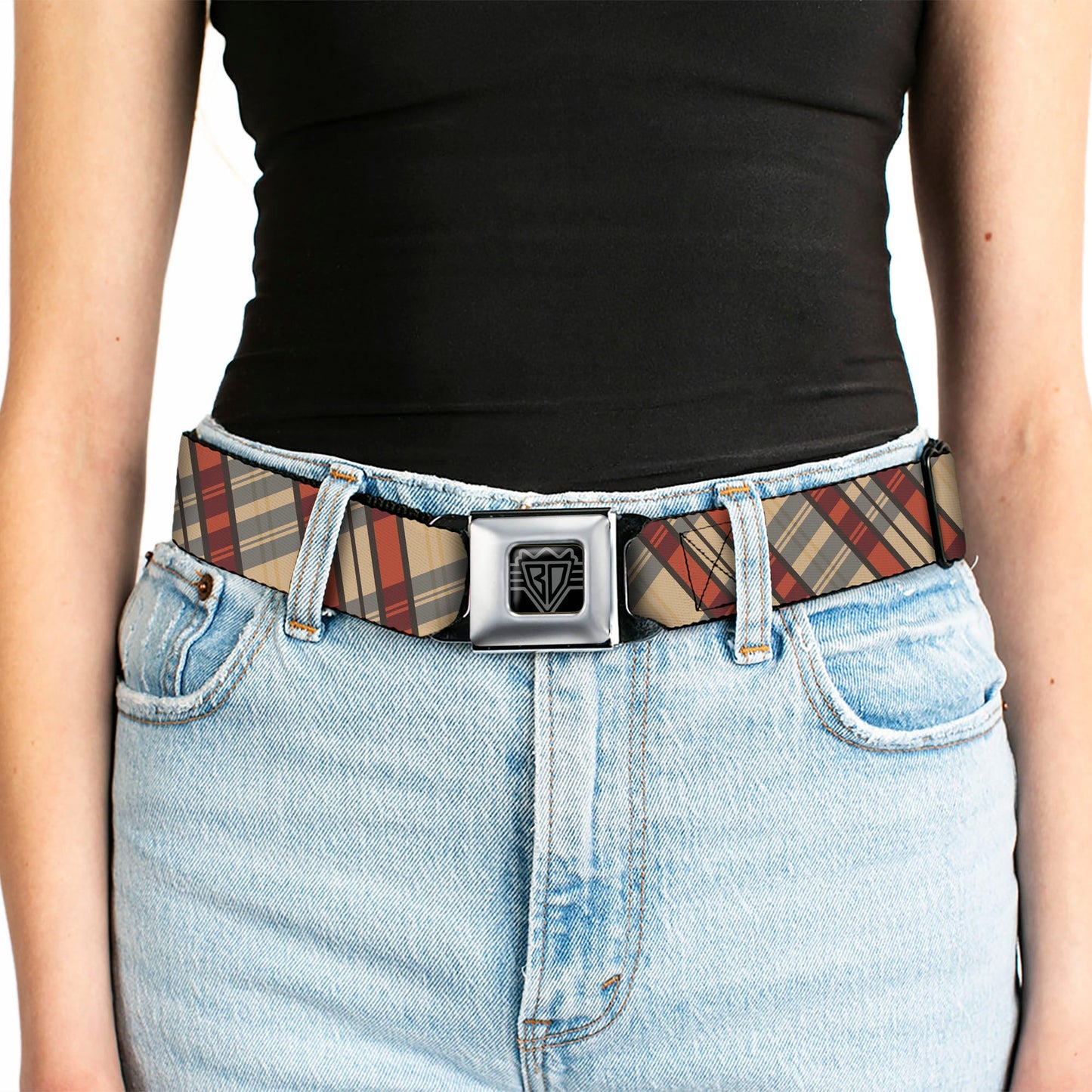 BD Wings Logo CLOSE-UP Full Color Black Silver Seatbelt Belt - Americana Plaid X Webbing